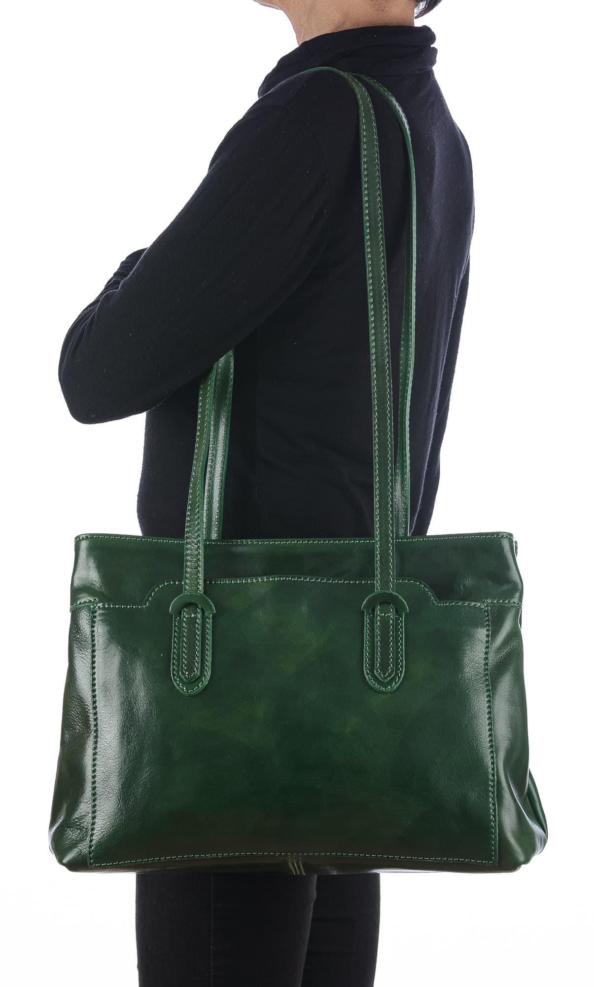Borsa a spalla da donna in vera pelle MINA MAXI, colore VERDE, CHIAROSCURO, MADE IN ITALY
