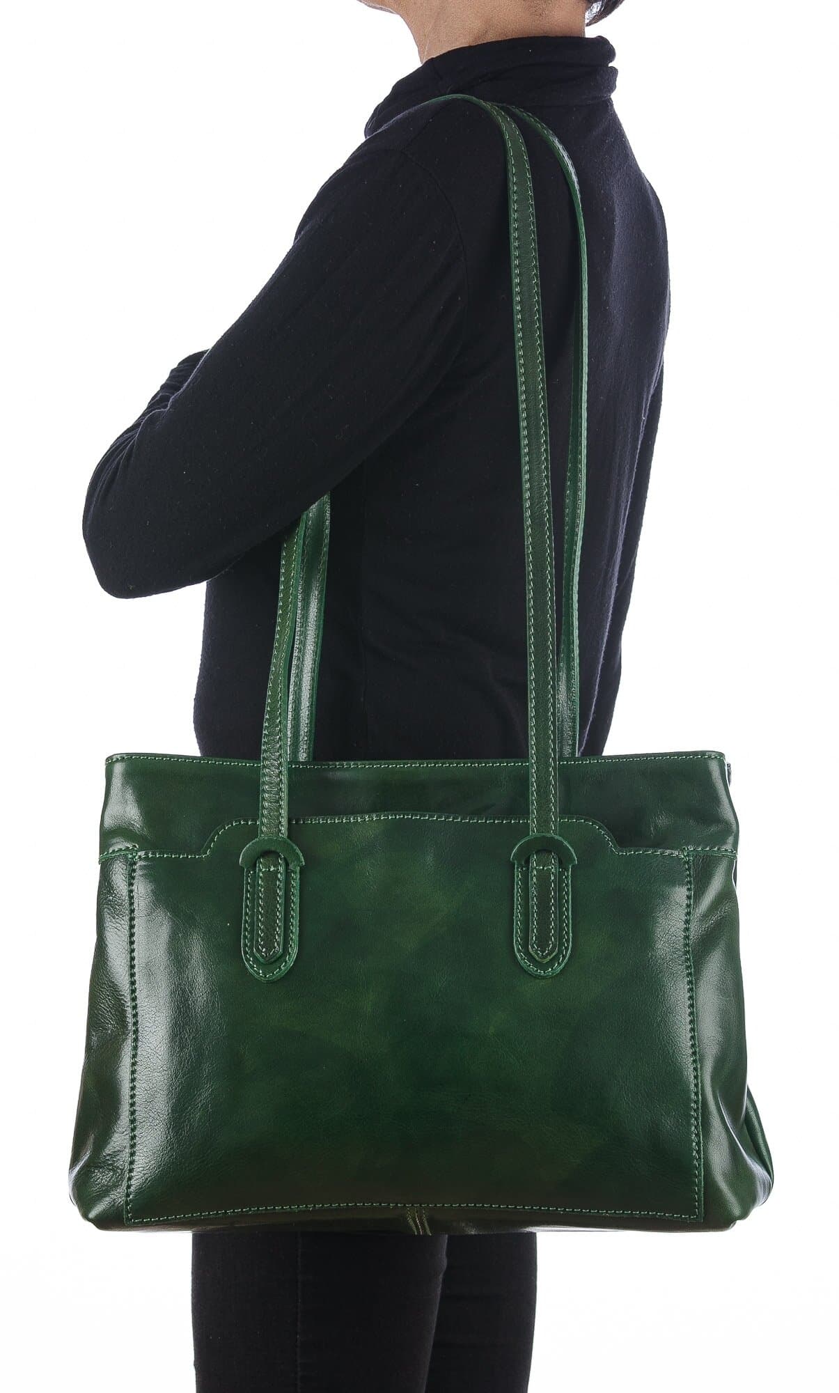 Borsa a spalla da donna in vera pelle MINA SMALL, colore VERDE, CHIAROSCURO, Made in Italy