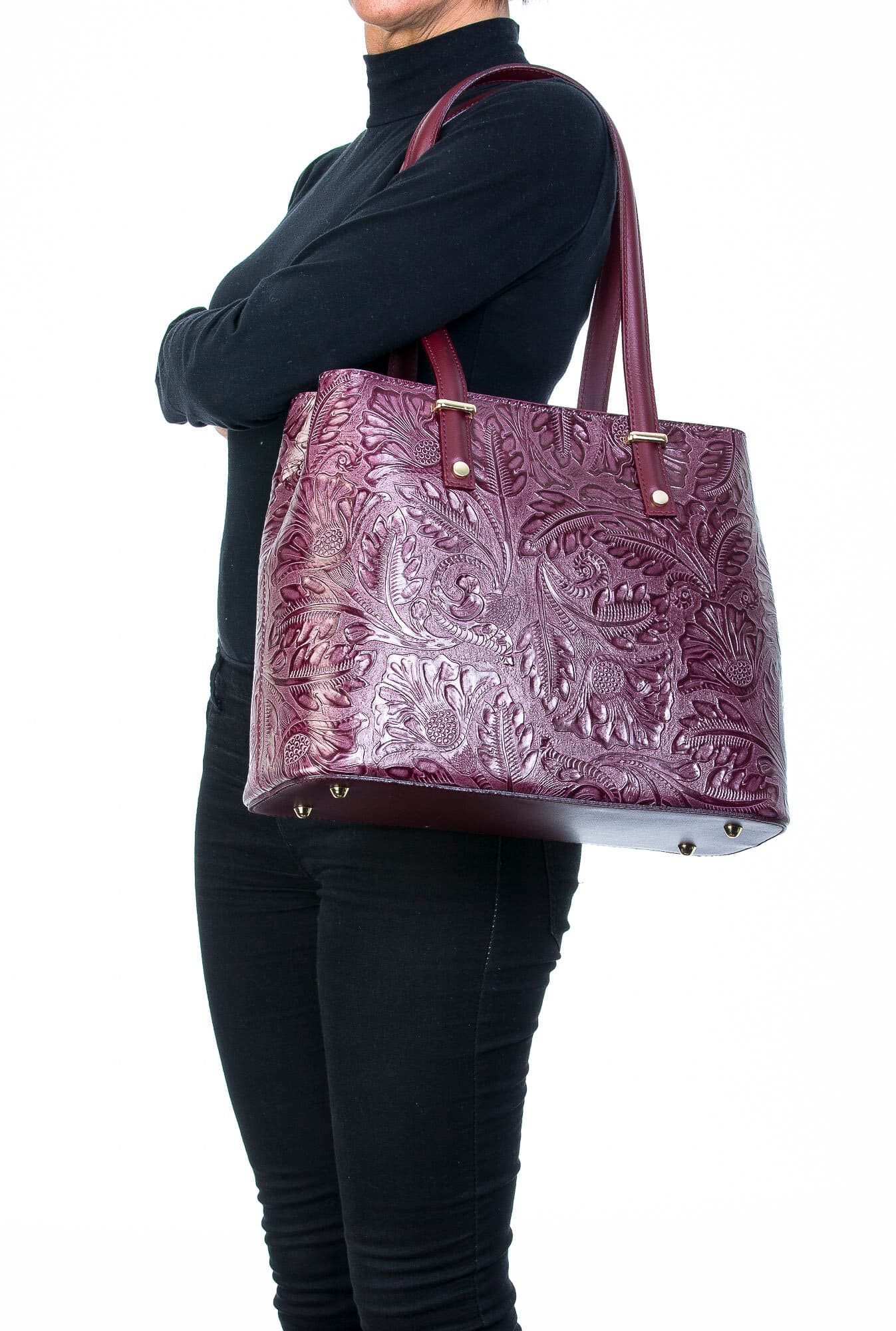 Borsa donna in vera pelle, CHIAROSCURO, mod MEGHI colore BORDO', Made in Italy.