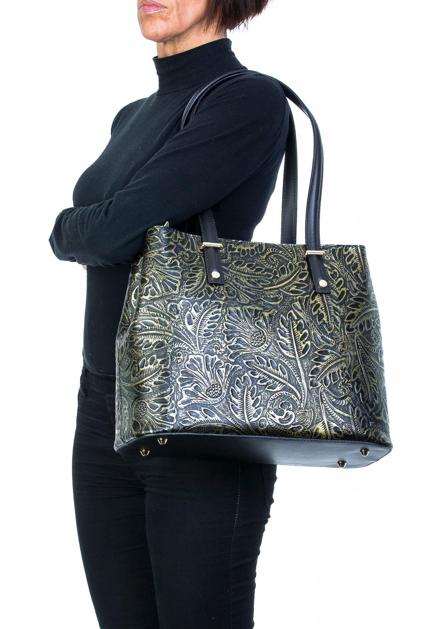Borsa donna in vera pelle, CHIAROSCURO, mod MEGHI colore NERO, Made in Italy.