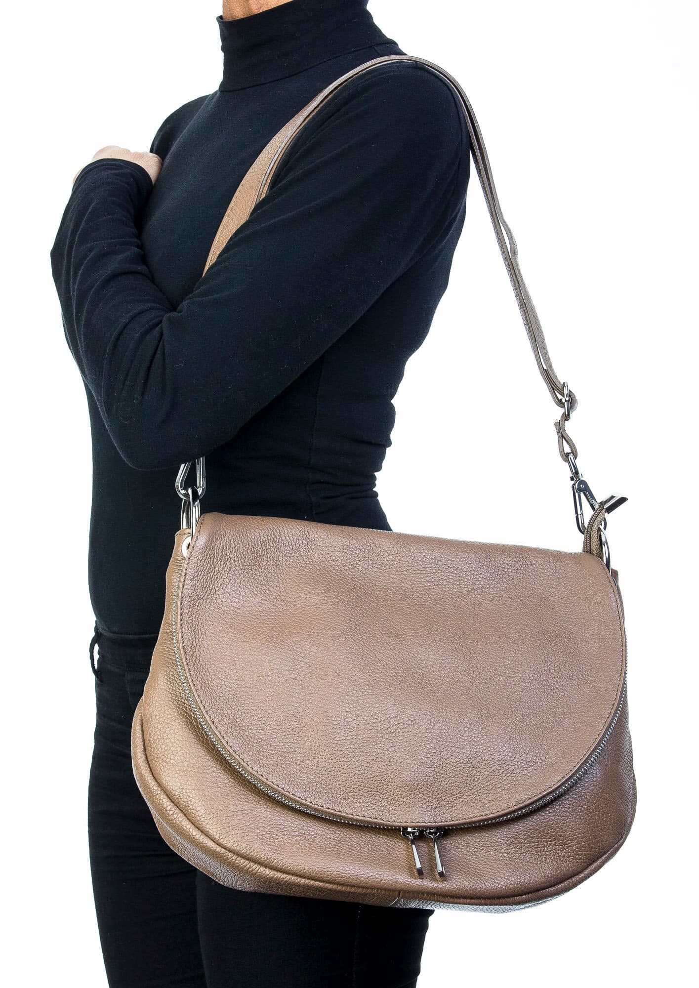 Borsa donna in vera pelle, CHIAROSCURO, mod LETIZIA colore taupe, Made in Italy.