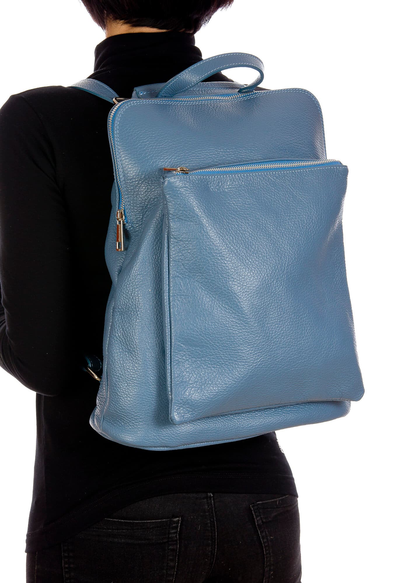 MONVISO : borsa - zaino donna, pelle morbida, colore: AZZURRO, Made in Italy