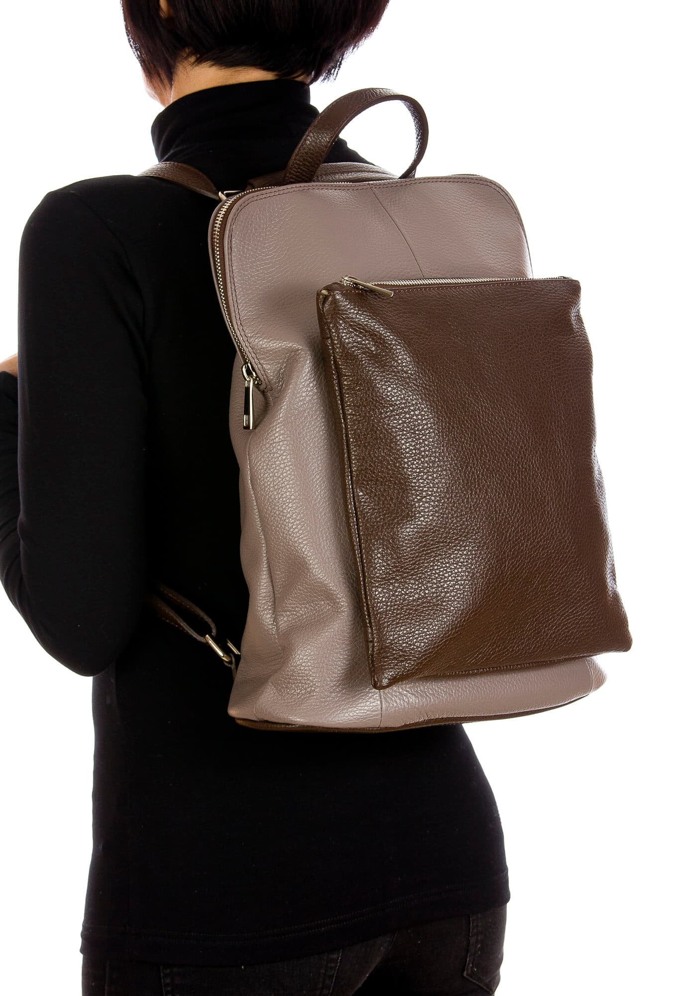 MONVISO : borsa - zaino donna, pelle morbida, colore: TAUPE / MARRONE, Made in Italy