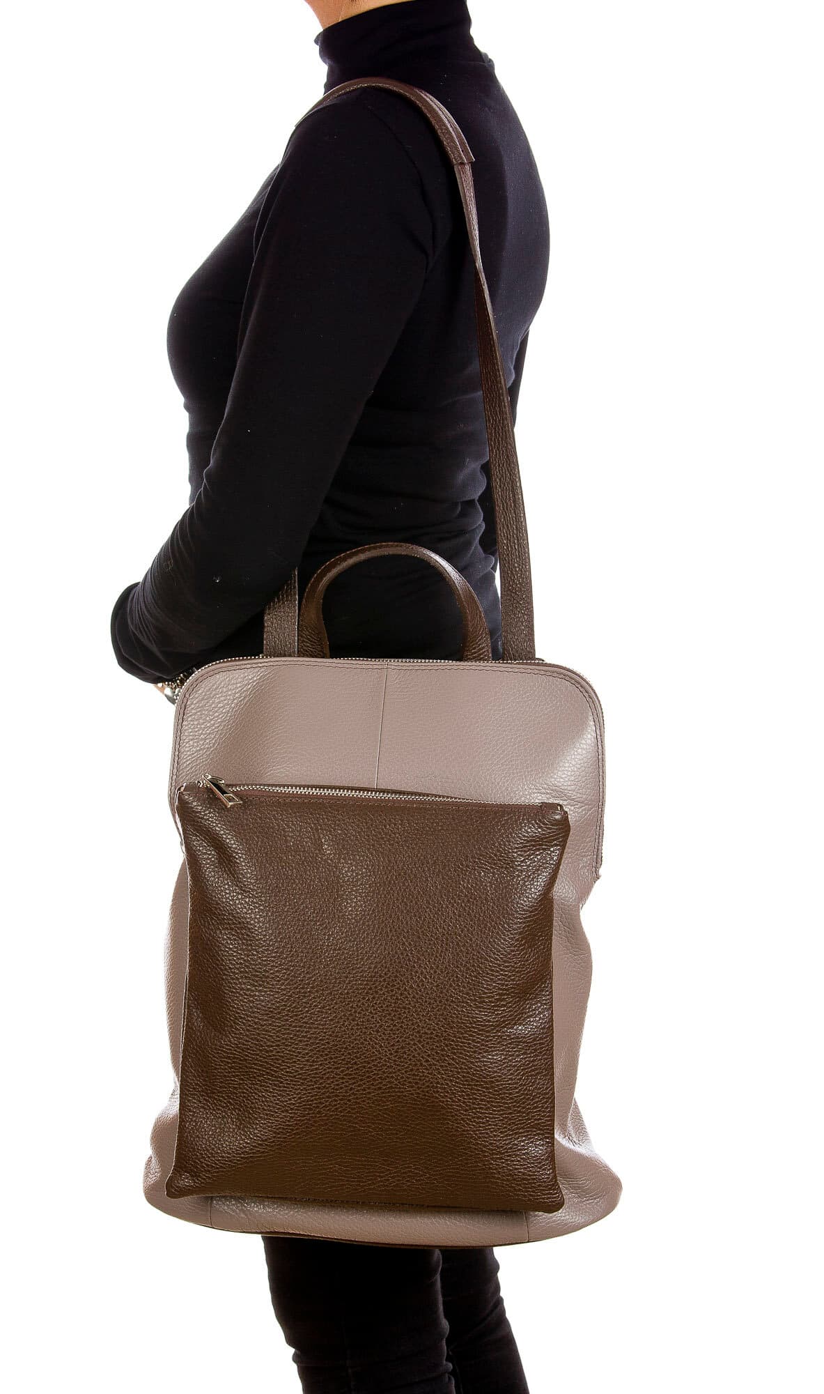 MONVISO : borsa - zaino donna, pelle morbida, colore: TAUPE / MARRONE, Made in Italy