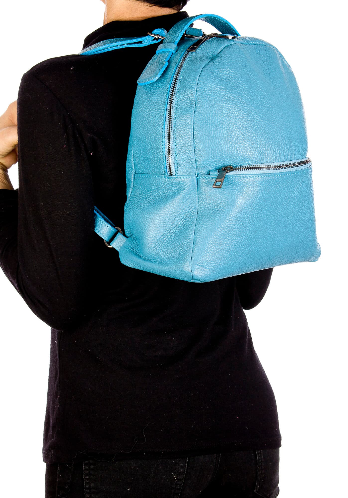 Monte NEVIS : zaino donna, pelle morbida, colore : AZZURRO, Made in Italy