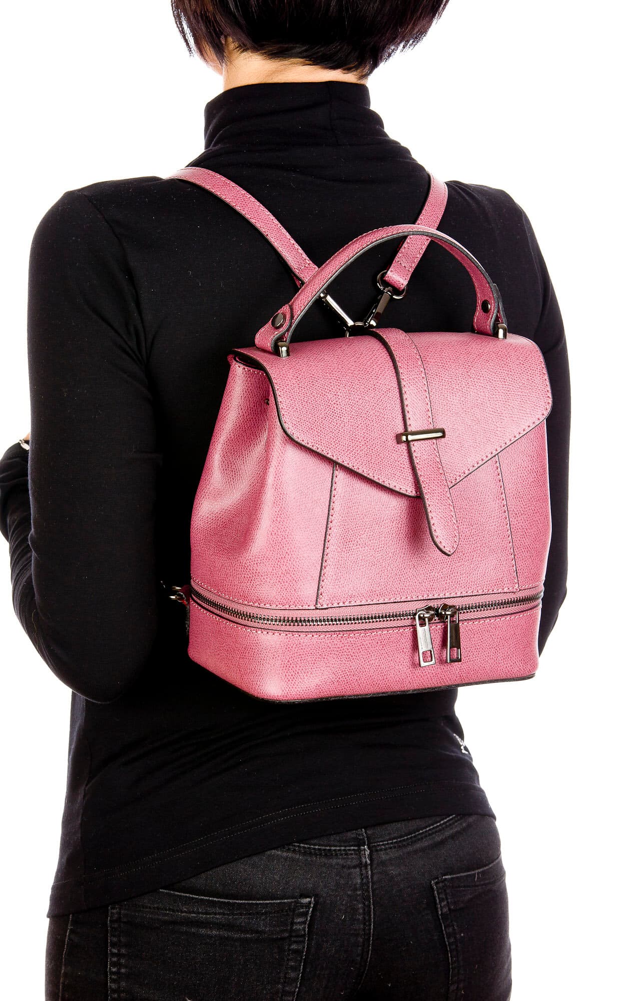 CAMY : borsa - zaino donna, pelle safiano rigida, colore : ROSA, Made in Italy.