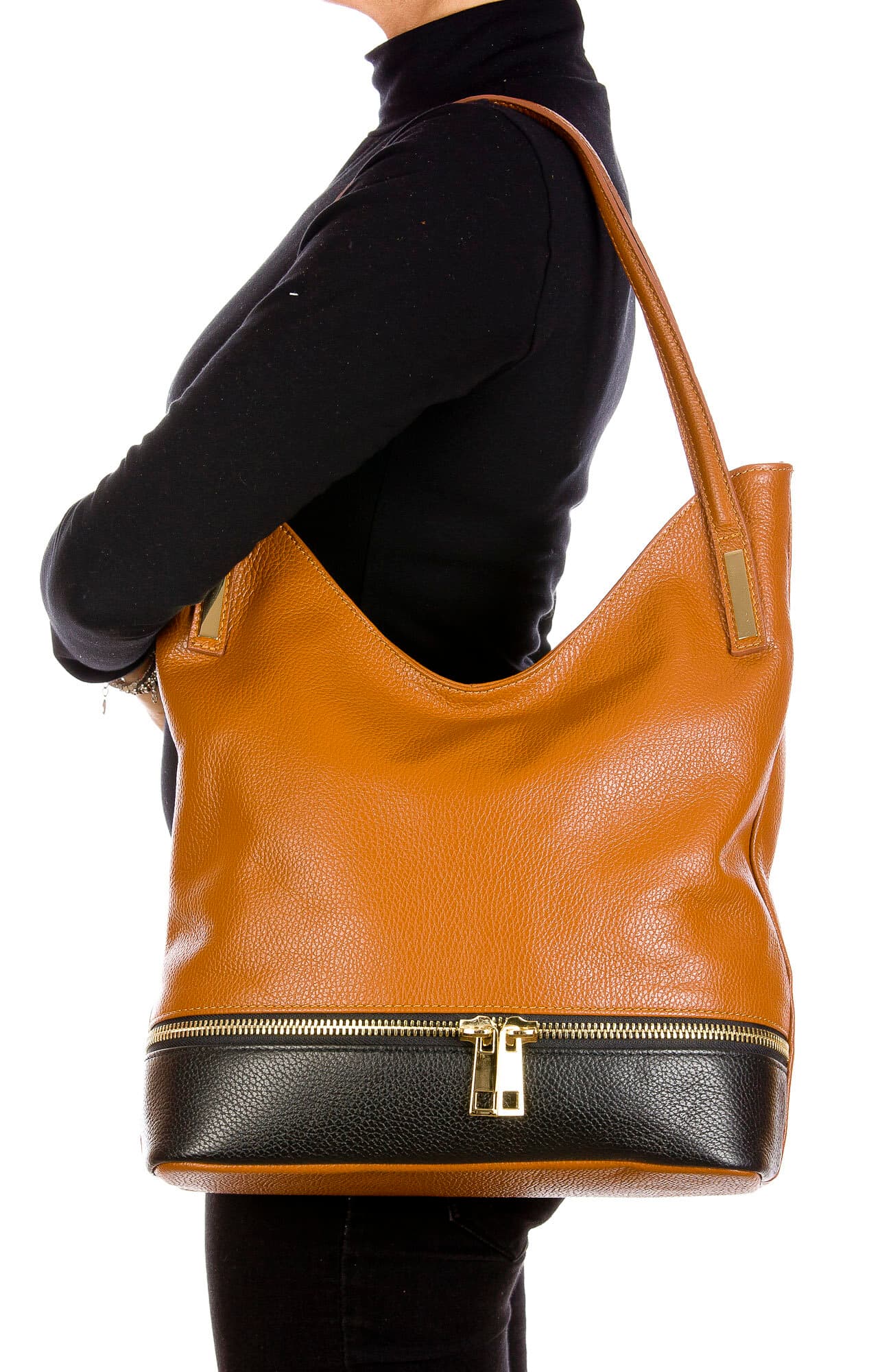 LUISA : borsa donna a spalla, pelle morbida, colore : MARRONE / NERO, Made in Italy