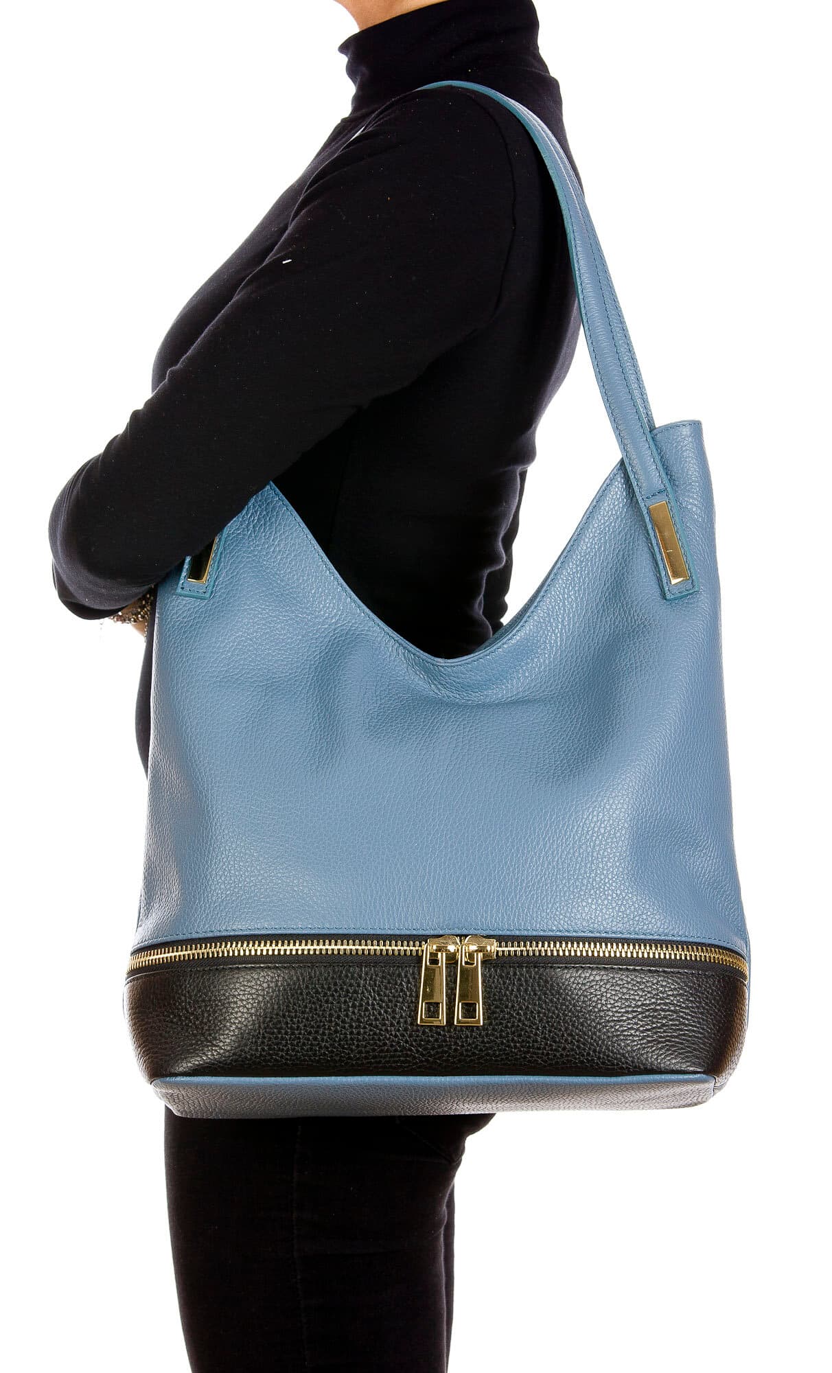 LUISA : borsa donna a spalla, pelle morbida, colore : AZZURRO / NERO, Made in Italy (Borsa)