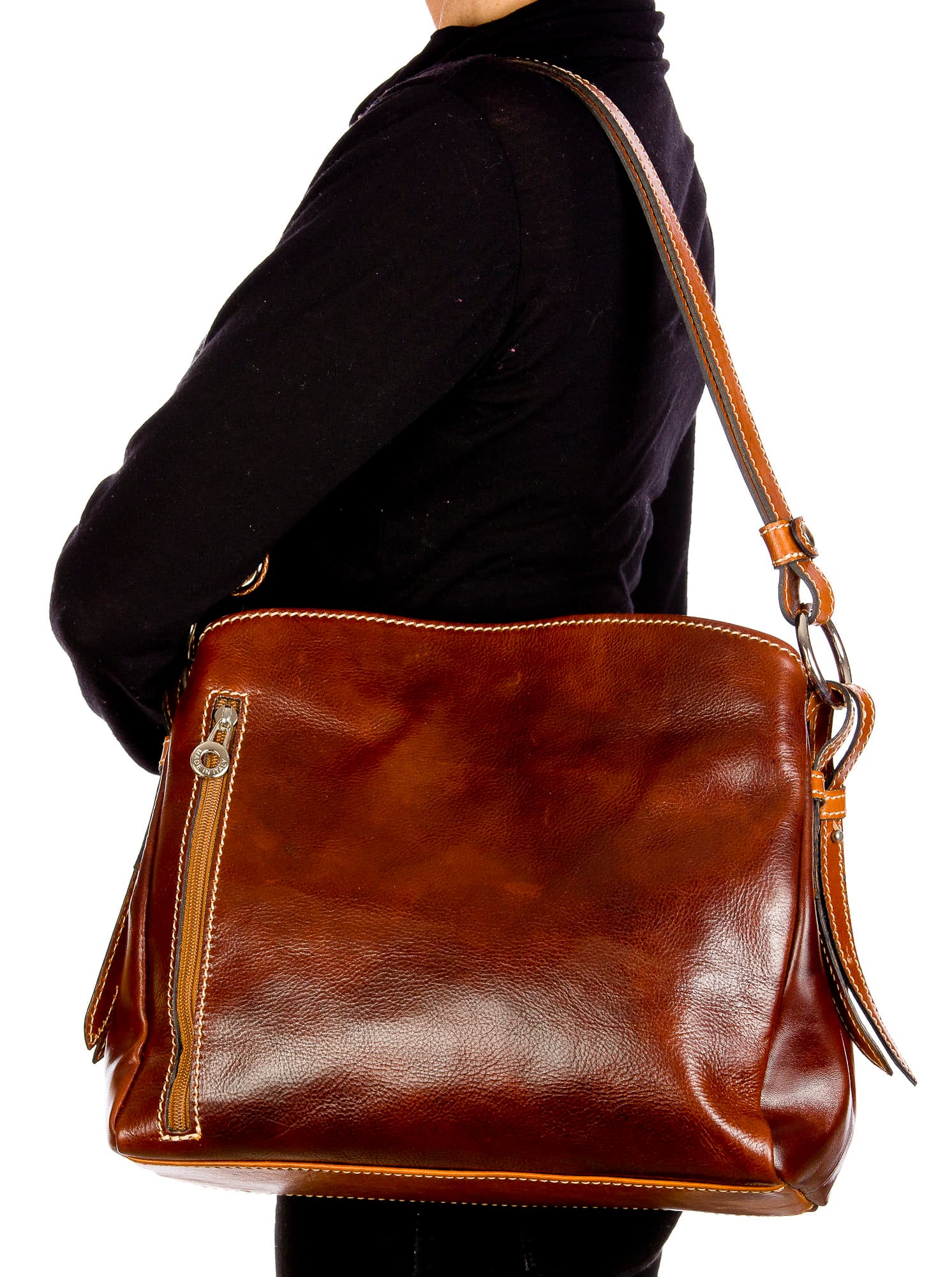 ORNELLA : borsa donna a spalla in cuoio, colore : MARRONE/MIELE, Made in Italy