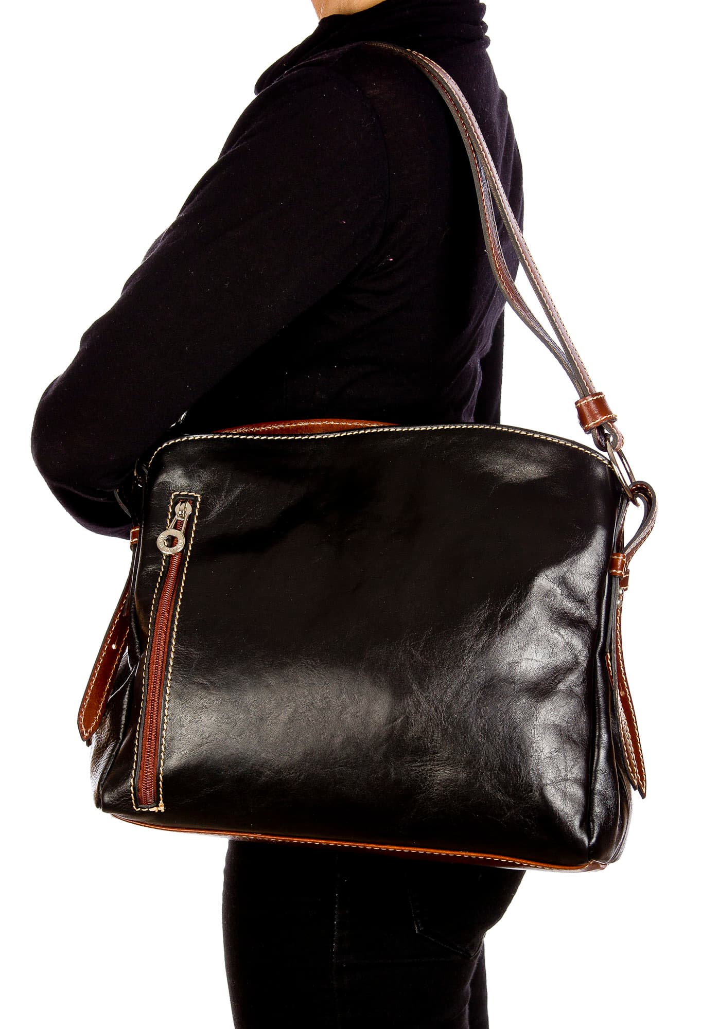 ORNELLA : borsa donna a spalla in cuoio, colore : NERO / TESTAMORO, Made in Italy