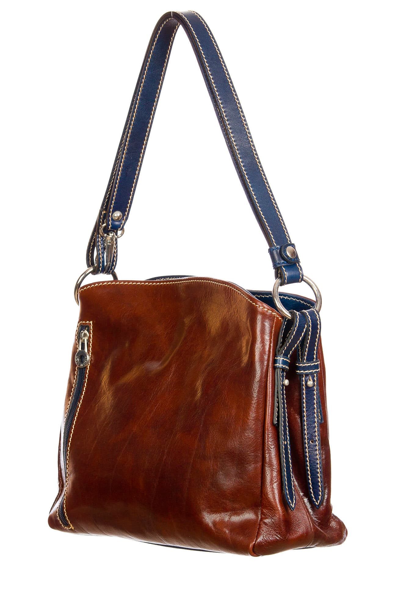 ORNELLA : borsa donna a spalla in cuoio, colore : TESTAMORO / BLU, Made in Italy