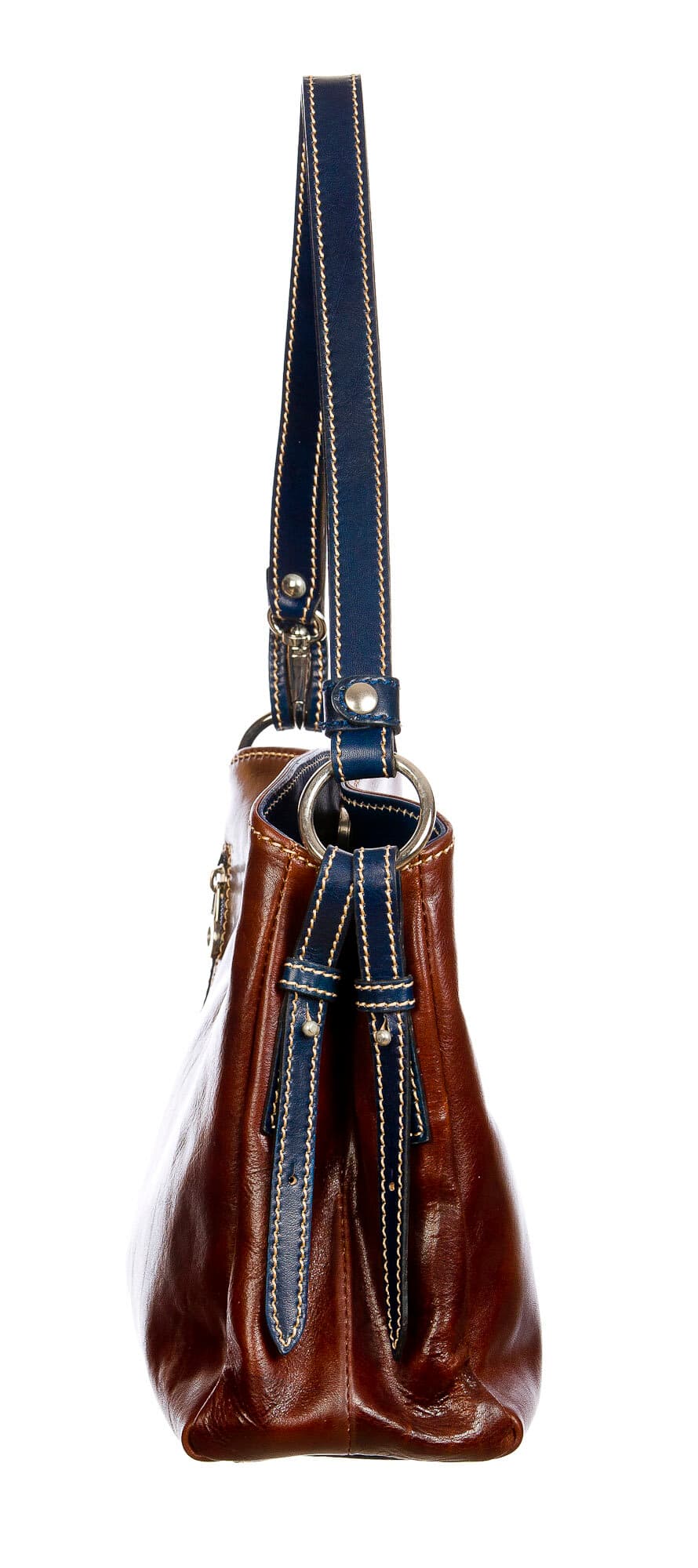 ORNELLA : borsa donna a spalla in cuoio, colore : TESTAMORO / BLU, Made in Italy