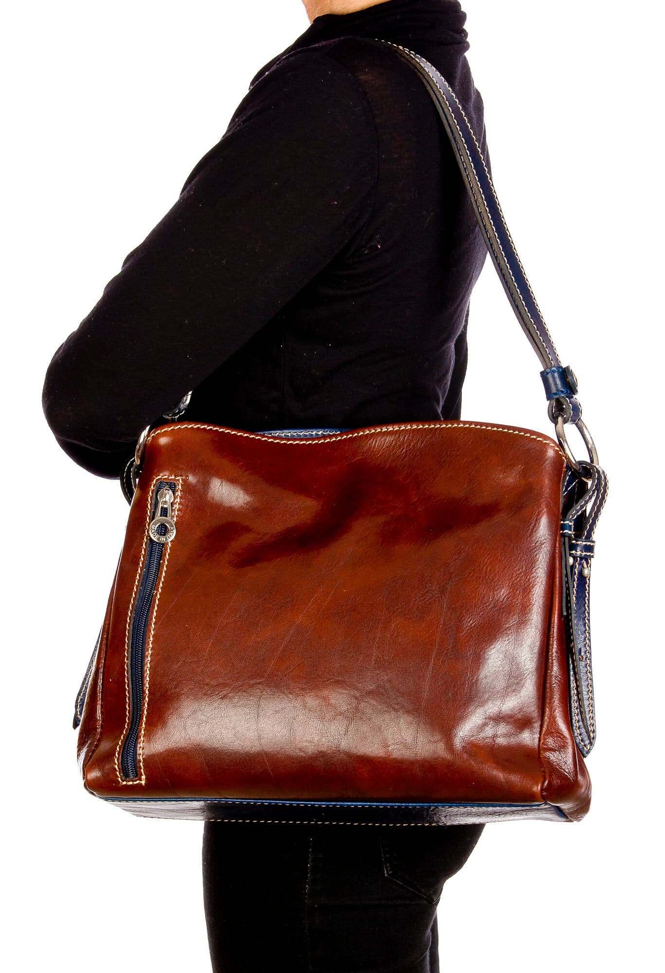ORNELLA : borsa donna a spalla in cuoio, colore : TESTAMORO / BLU, Made in Italy