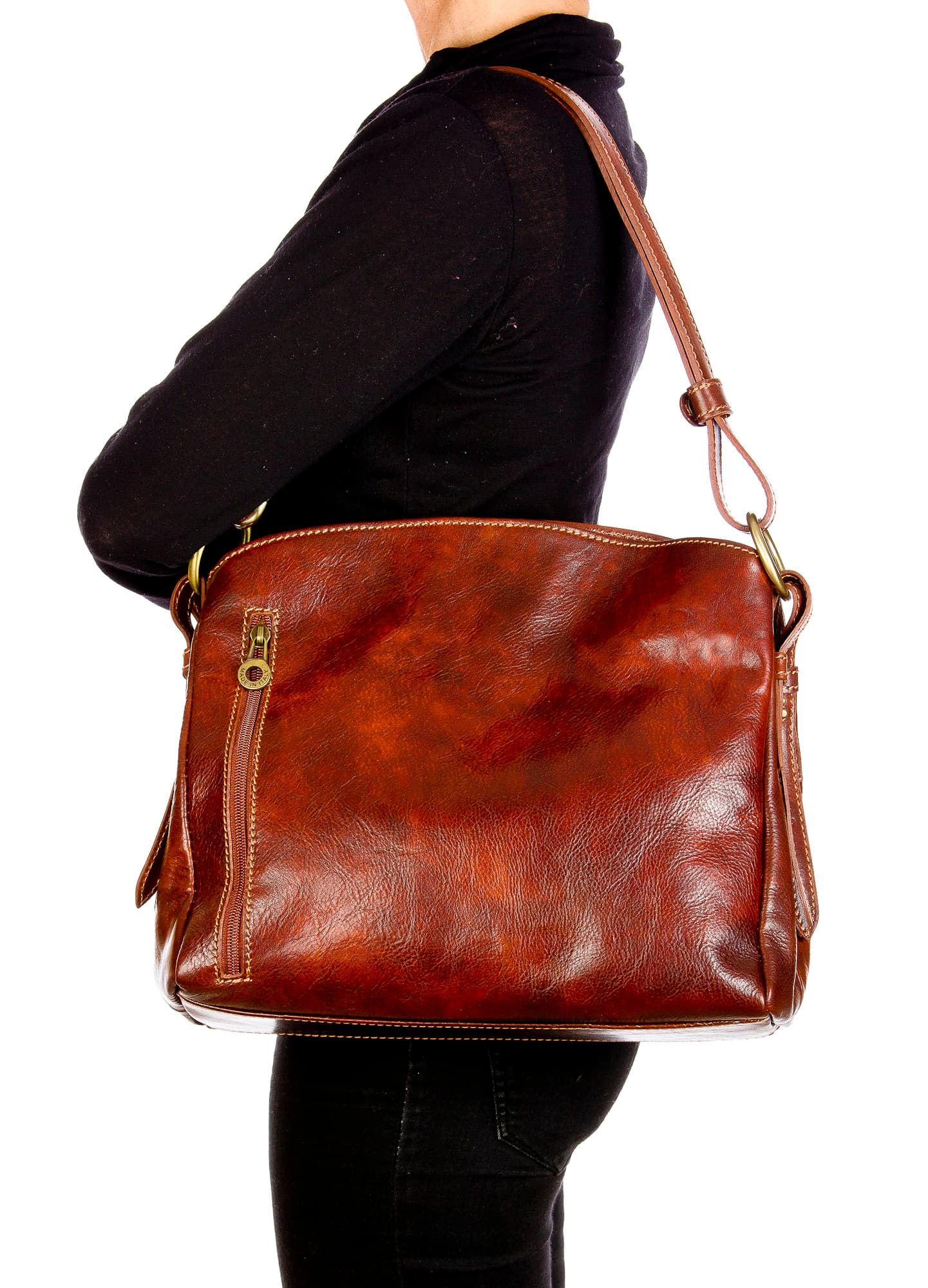 ORNELLA : borsa donna a spalla in cuoio, colore : TESTAMORO, Made in Italy