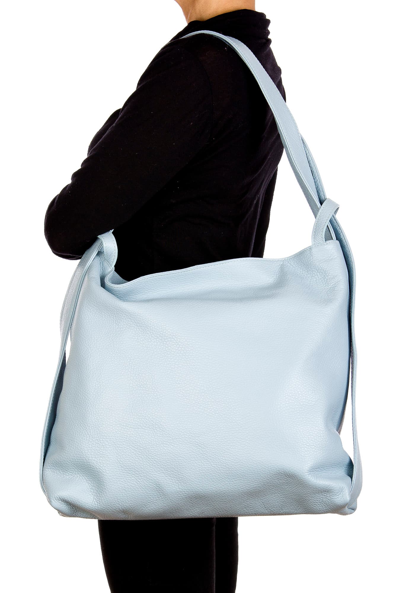 OLIVIA : borsa / zaino, pelle morbida, colore : AZZURRO, Made in Italy