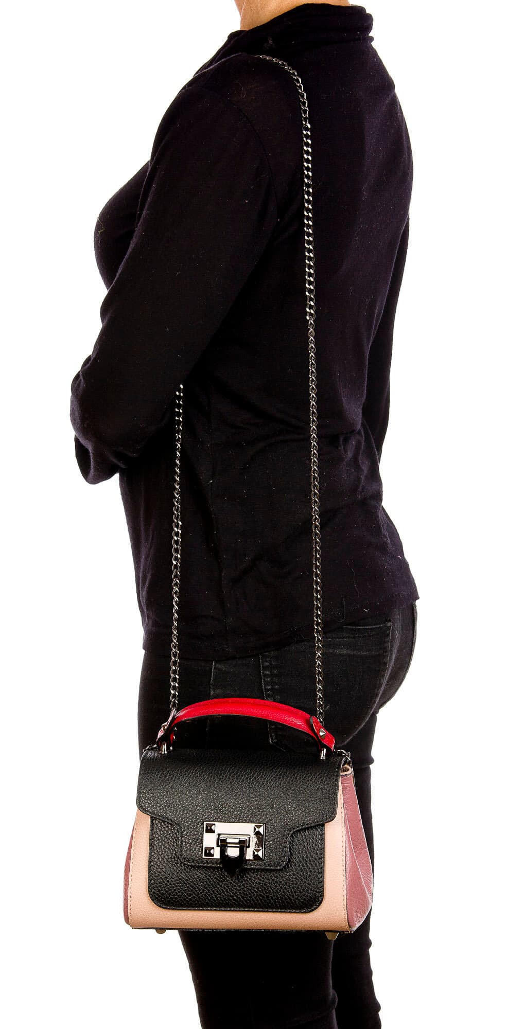 AGNES : borsa donna mini, pelle saffiano, colore : ROSA / NERO / ROSSO, Made in Italy