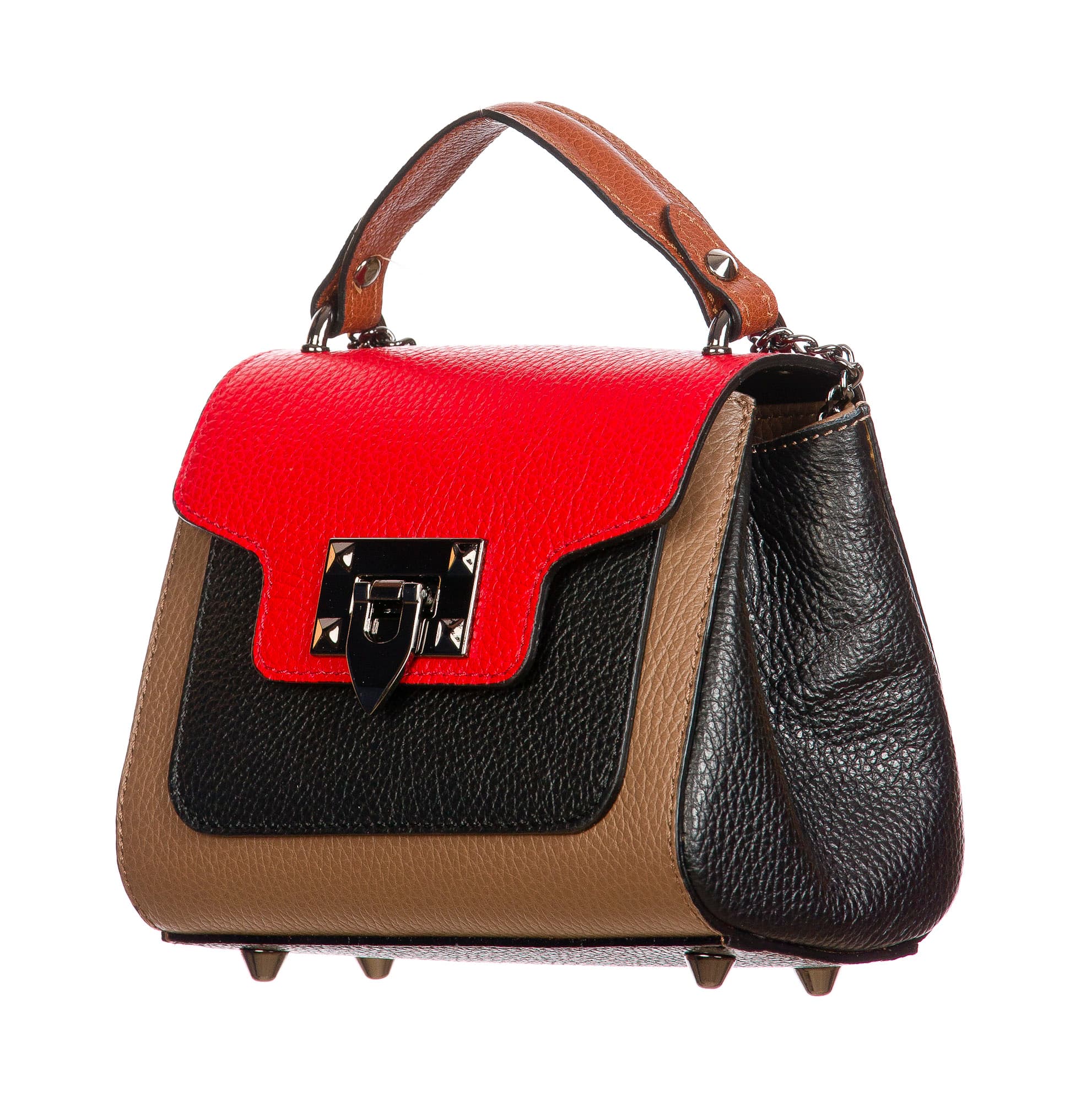 AGNES : borsa donna mini, pelle saffiano, colore : TAUPE / ROSSO / NERO, Made in Italy