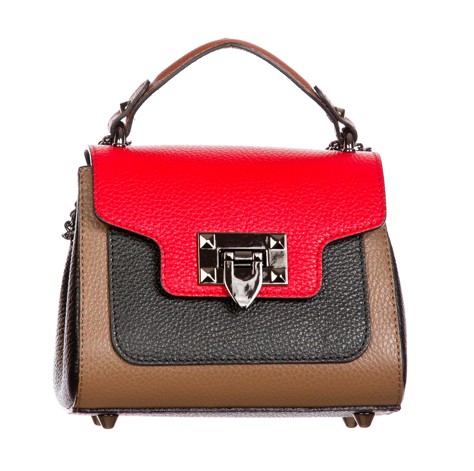AGNES : borsa donna mini, pelle saffiano, colore : TAUPE / ROSSO / NERO, Made in Italy