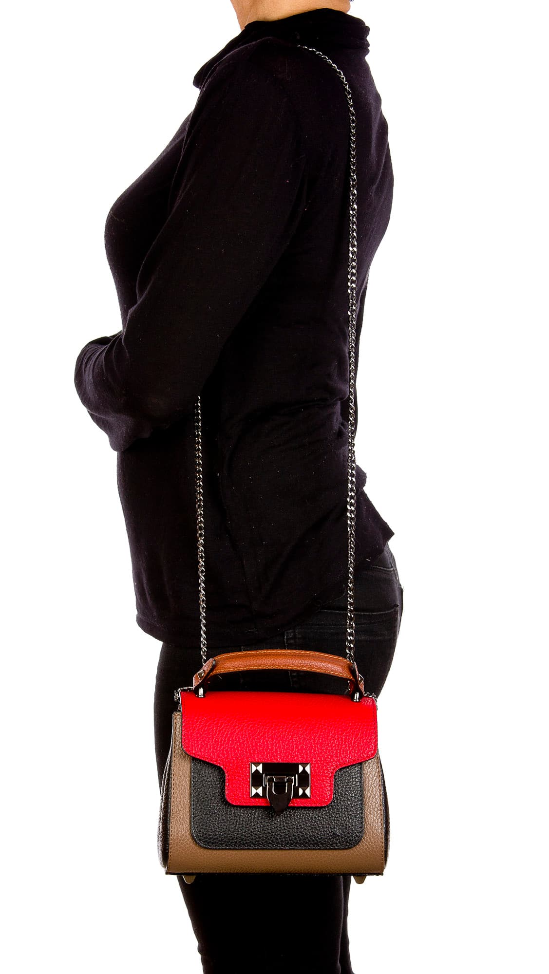 AGNES : borsa donna mini, pelle saffiano, colore : TAUPE / ROSSO / NERO, Made in Italy