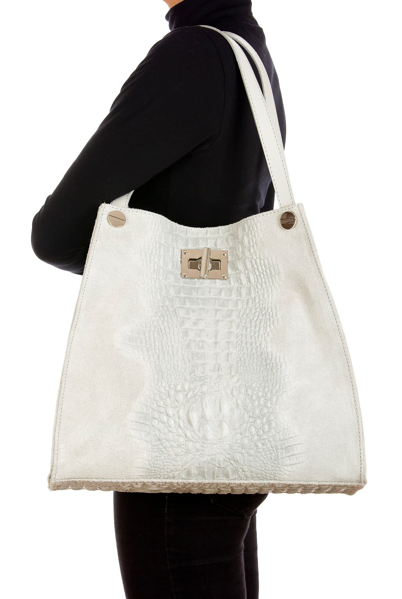 CORINNE: borsa donna a spalla, semirigida, pelle morbida, colore: GRIGIO CHIARO, Made in Italy (Borsa)