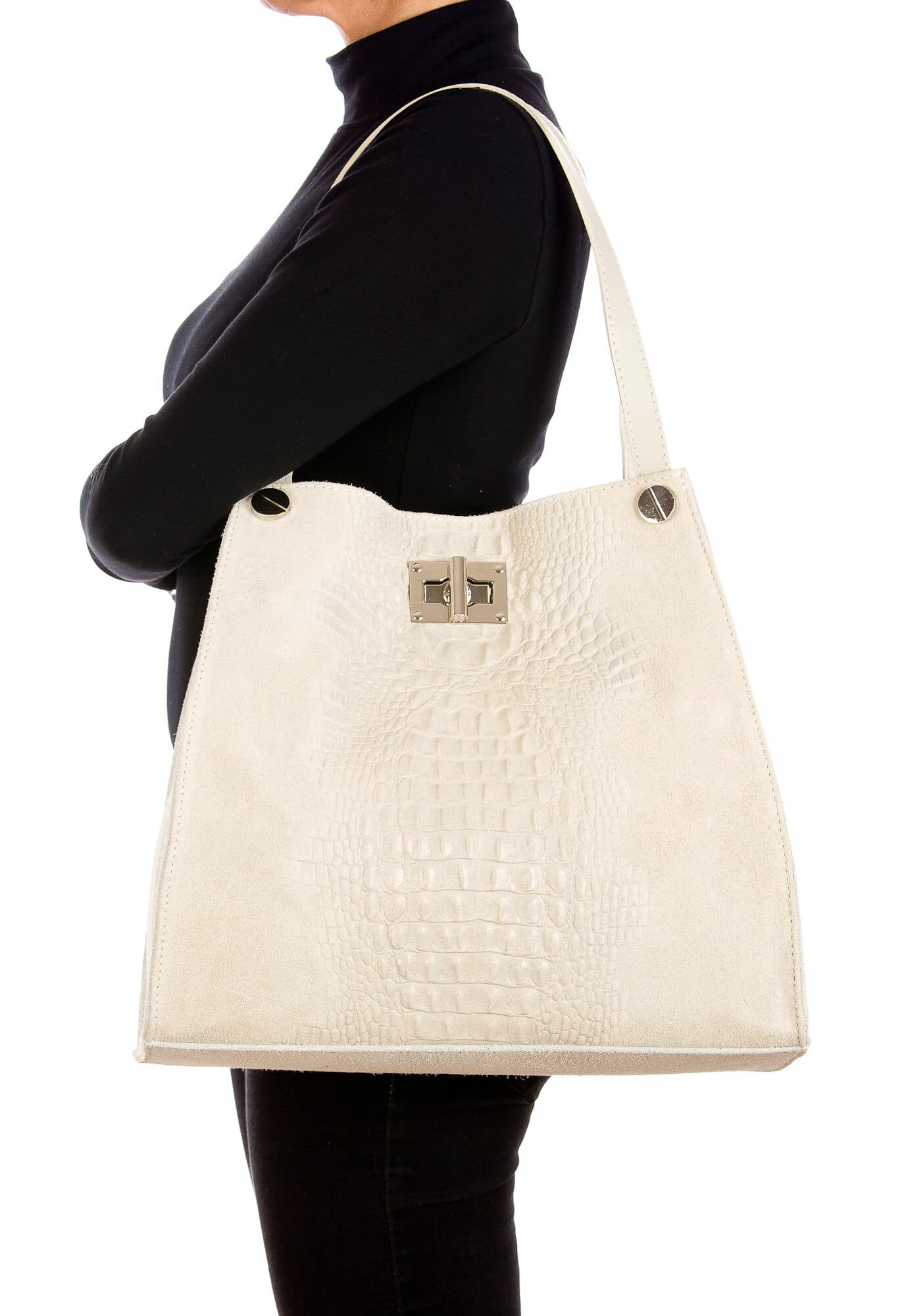 CORINNE: borsa donna a spalla, semirigida, pelle morbida, colore: BEIGE CHIARO, Made in Italy (Borsa)