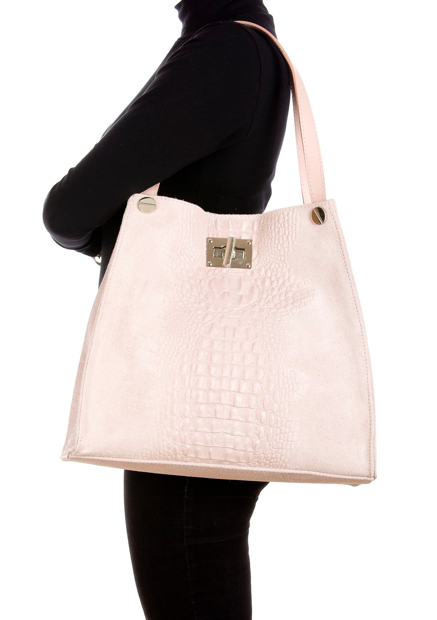 CORINNE: borsa donna a spalla, semirigida, pelle morbida, colore: ROSA, Made in Italy (Borsa)