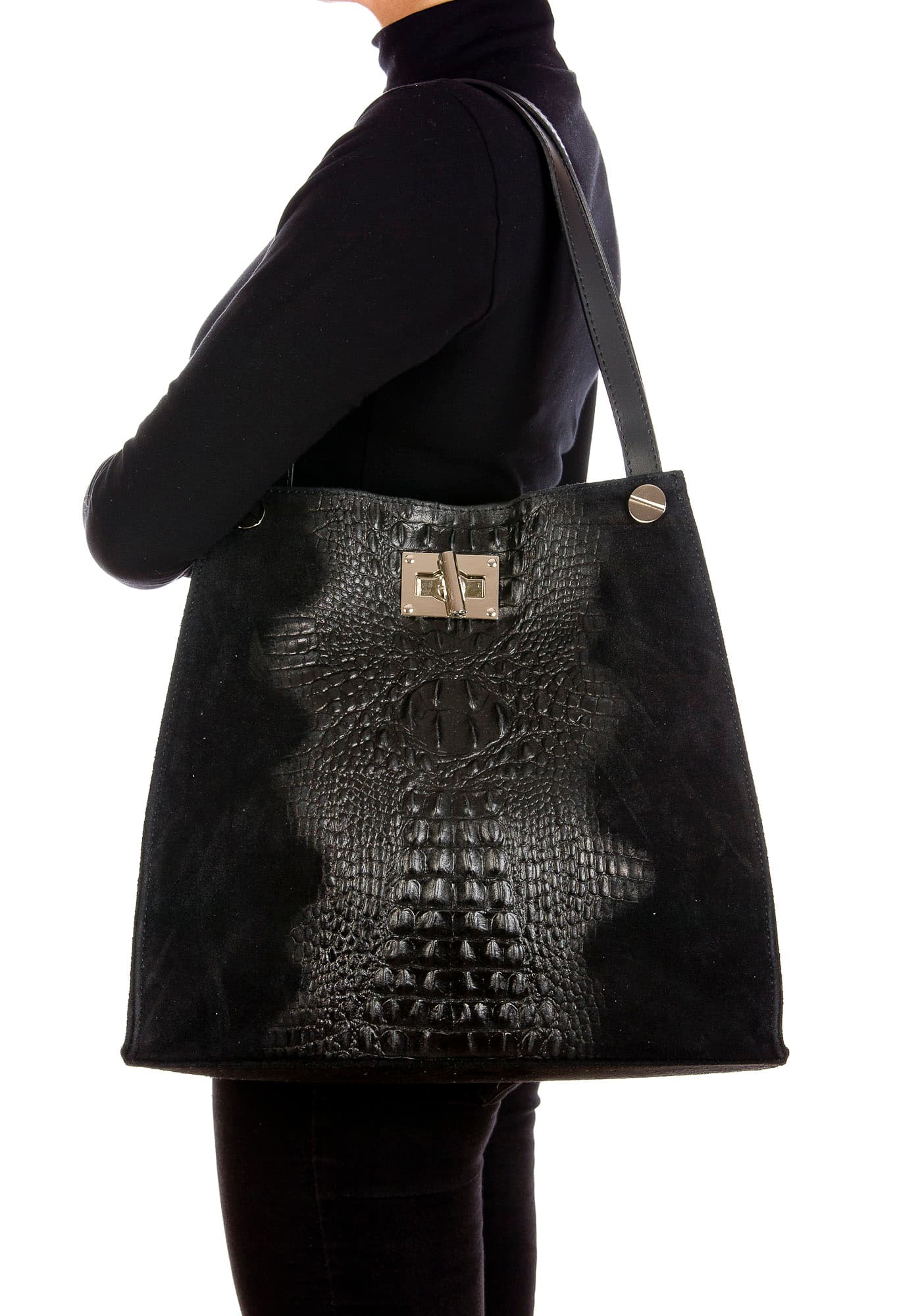 CORINNE: borsa donna a spalla, semirigida, pelle morbida, colore: NERO, Made in Italy (Borsa)