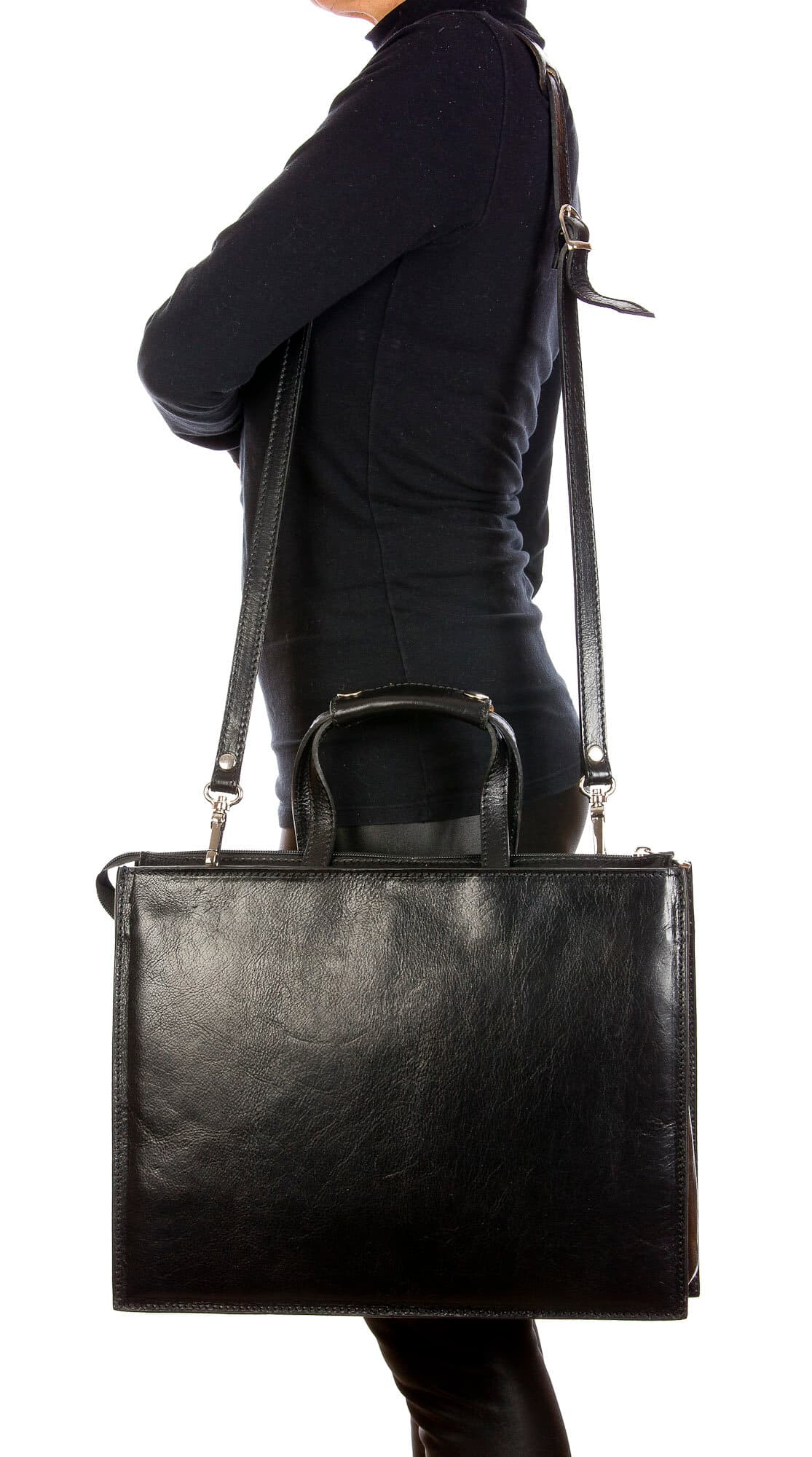 ERMETE : cartella ufficio / borsa lavoro, uomo - donna, in cuoio, colore : NERO, Made in Italy