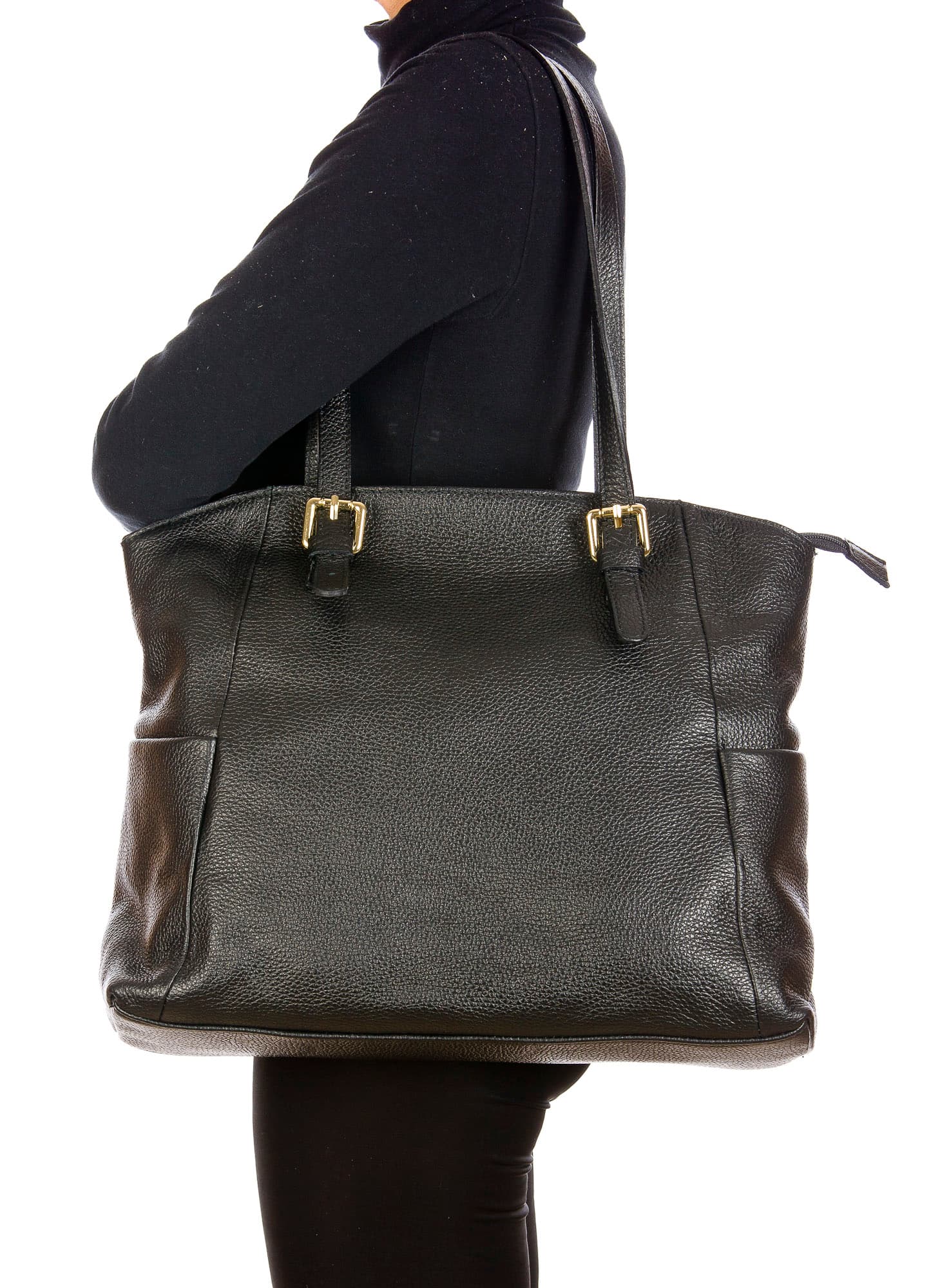 Borsa a spalla da donna in vera pelle CLERY, modello shopping, colore NERO, CHIARO SCURO, Made in Italy
