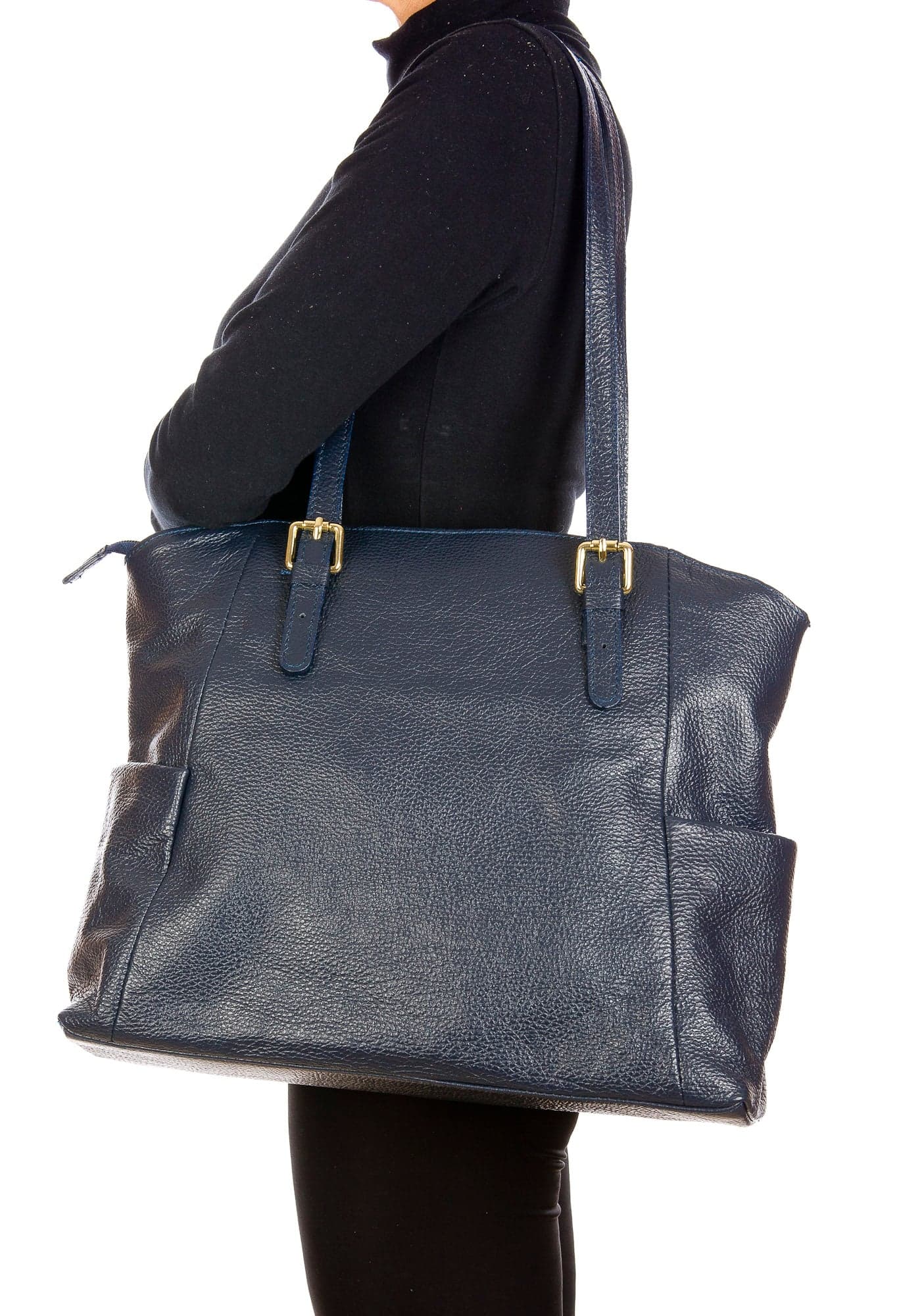 Borsa a spalla da donna in vera pelle CLERY, modello shopping, colore BLU, CHIARO SCURO, Made in Italy