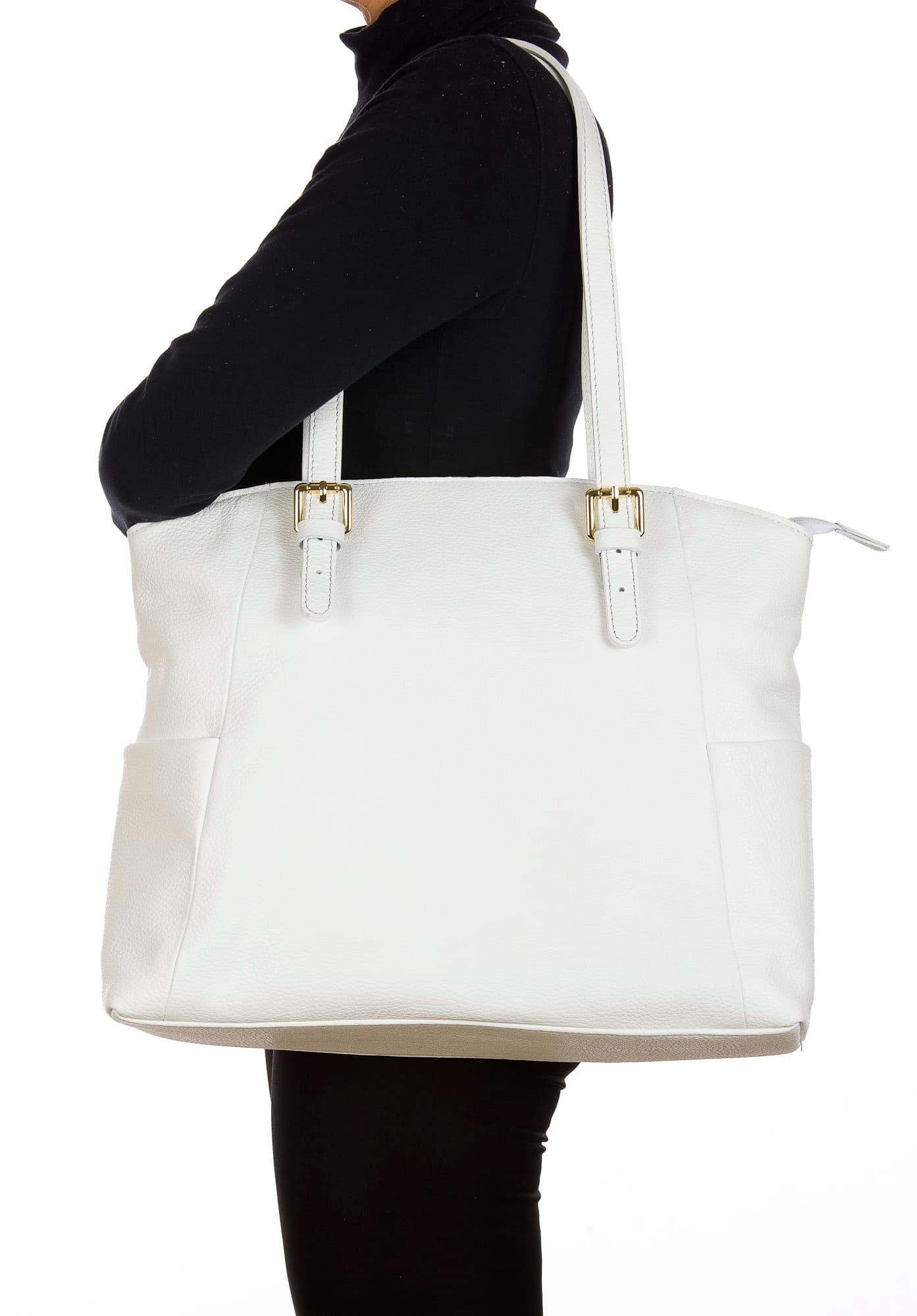 Borsa a spalla da donna in vera pelle CLERY, colore BIANCO, CHIARO SCURO, MADE IN ITALY