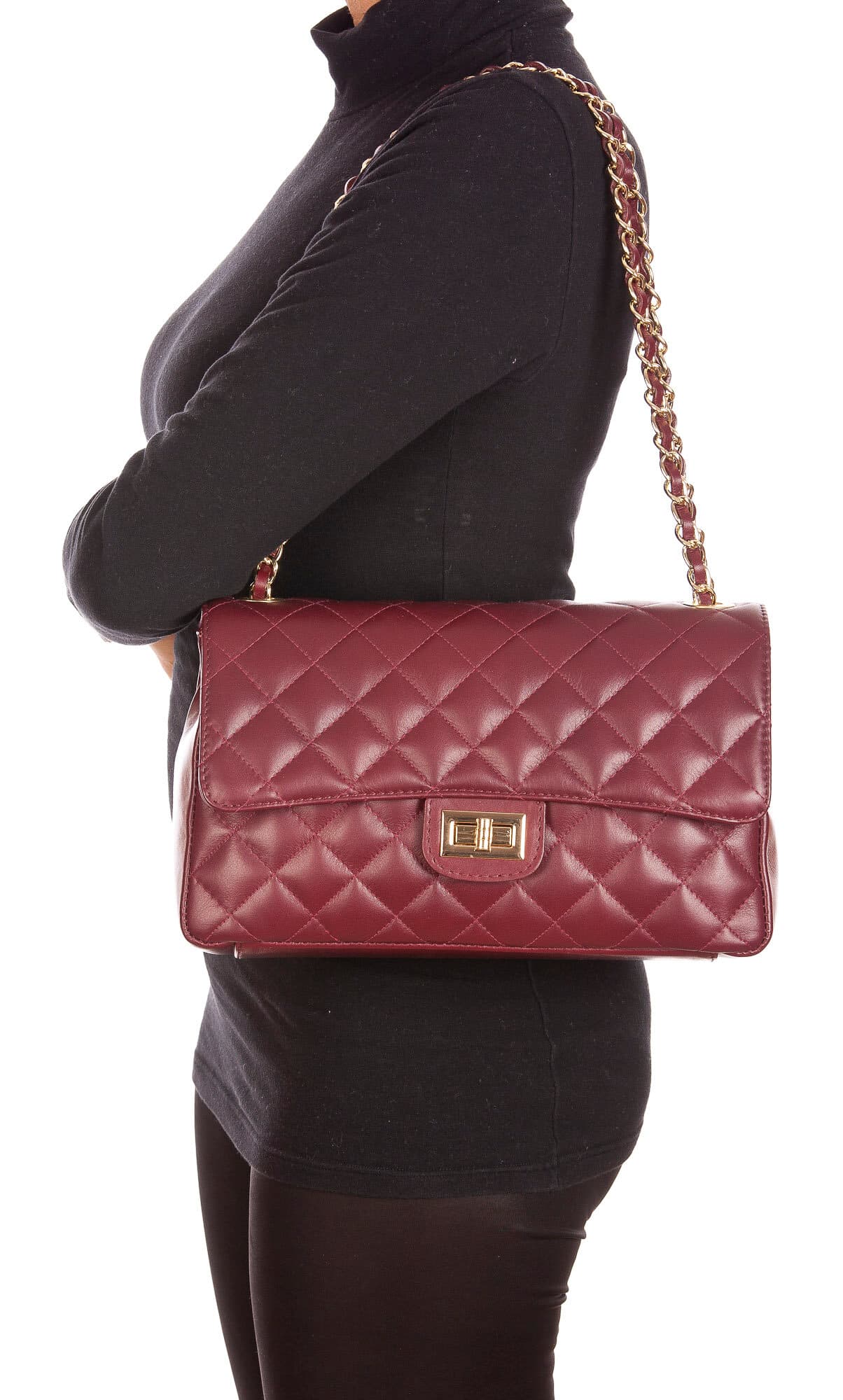 CHBorsa a spalla da donna in vera pelle CHARLOTTE MEDIUM, colore BORDEAUX, CHIAROSCURO, MADE IN ITALY (