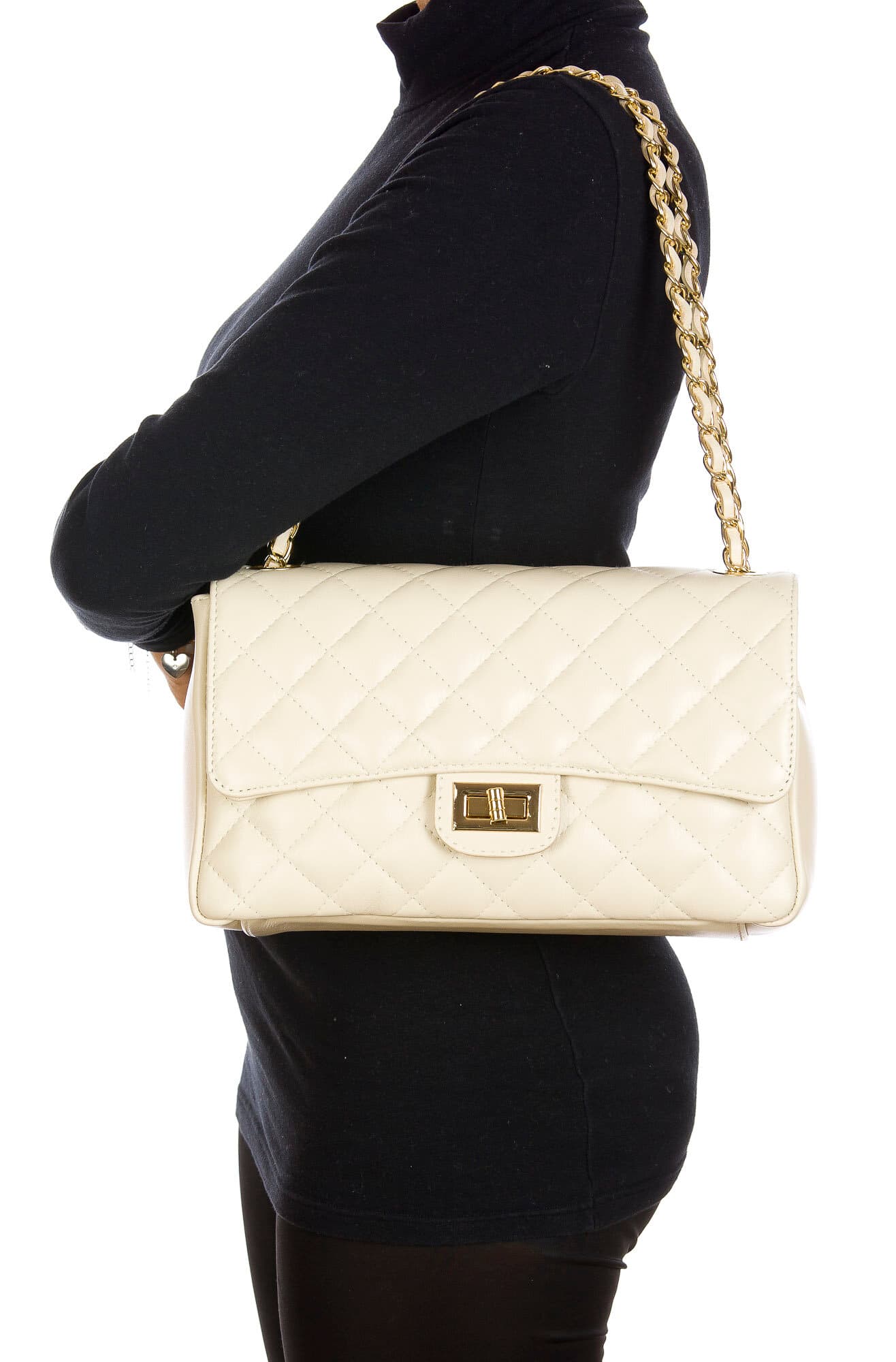Borsa a spalla da donna in vera pelle CHARLOTTE MEDIUM, colore PANNA, CHIAROSCURO, MADE IN ITALY