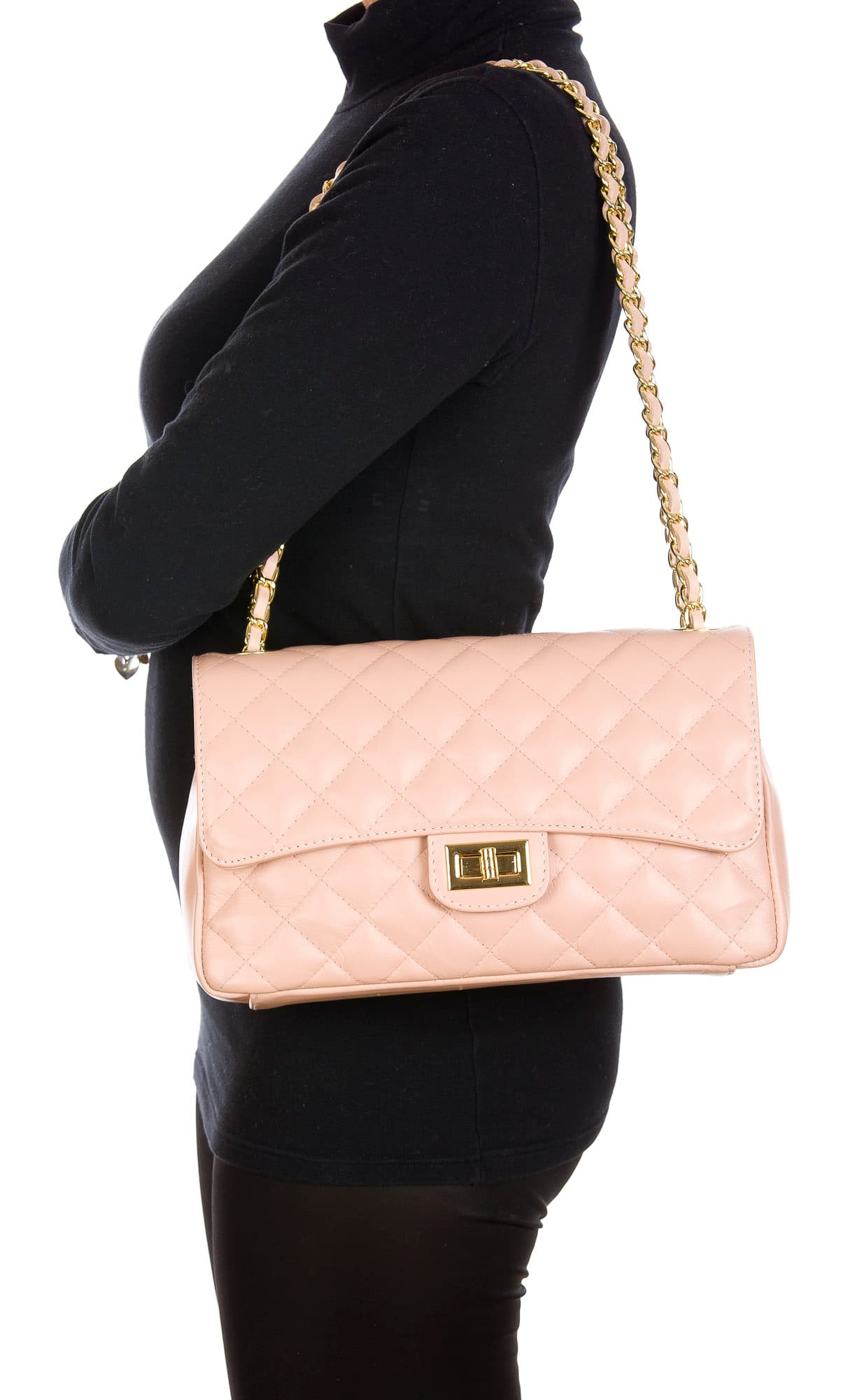 Borsa a spalla da donna in vera pelle CHARLOTTE MEDIUM, colore ROSA, CHIAROSCURO, MADE IN ITALY