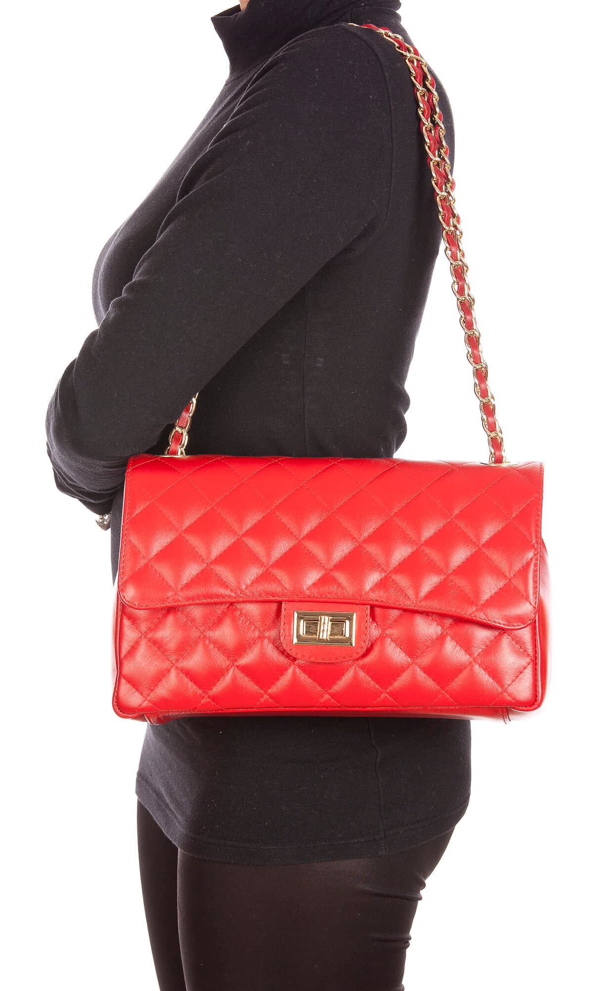 Borsa a spalla da donna in vera pelle CHARLOTTE MEDIUM, colore ROSSO, CHIAROSCURO, MADE IN ITAL