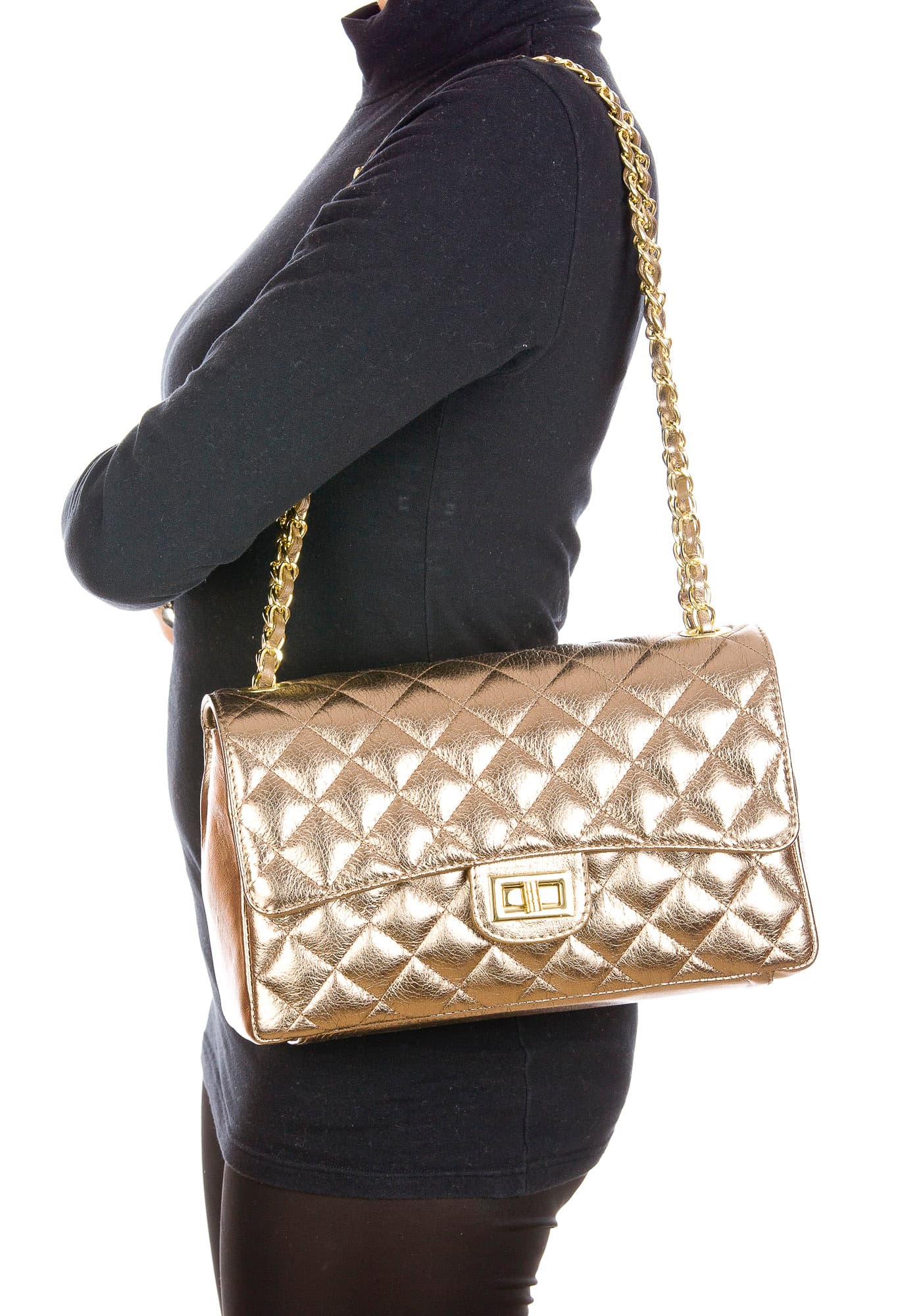 Borsa a spalla da donna in vera pelle CHARLOTTE MEDIUM, colore CHAMPAGNE, CHIAROSCURO, MADE IN ITALY
