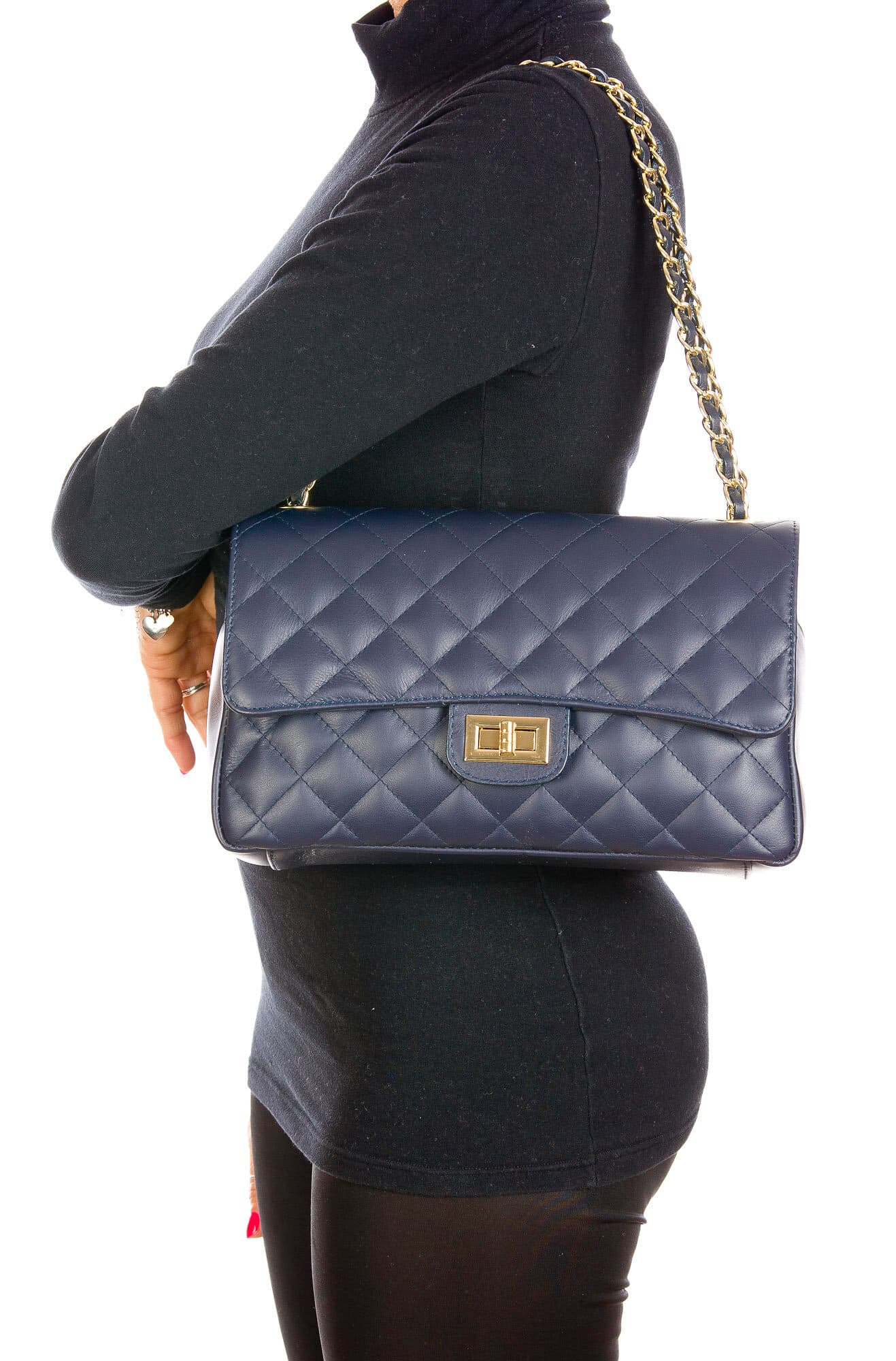 Borsa a spalla da donna in vera pelle CHARLOTTE MEDIUM, colore BLU, CHIAROSCURO, Made in Italy