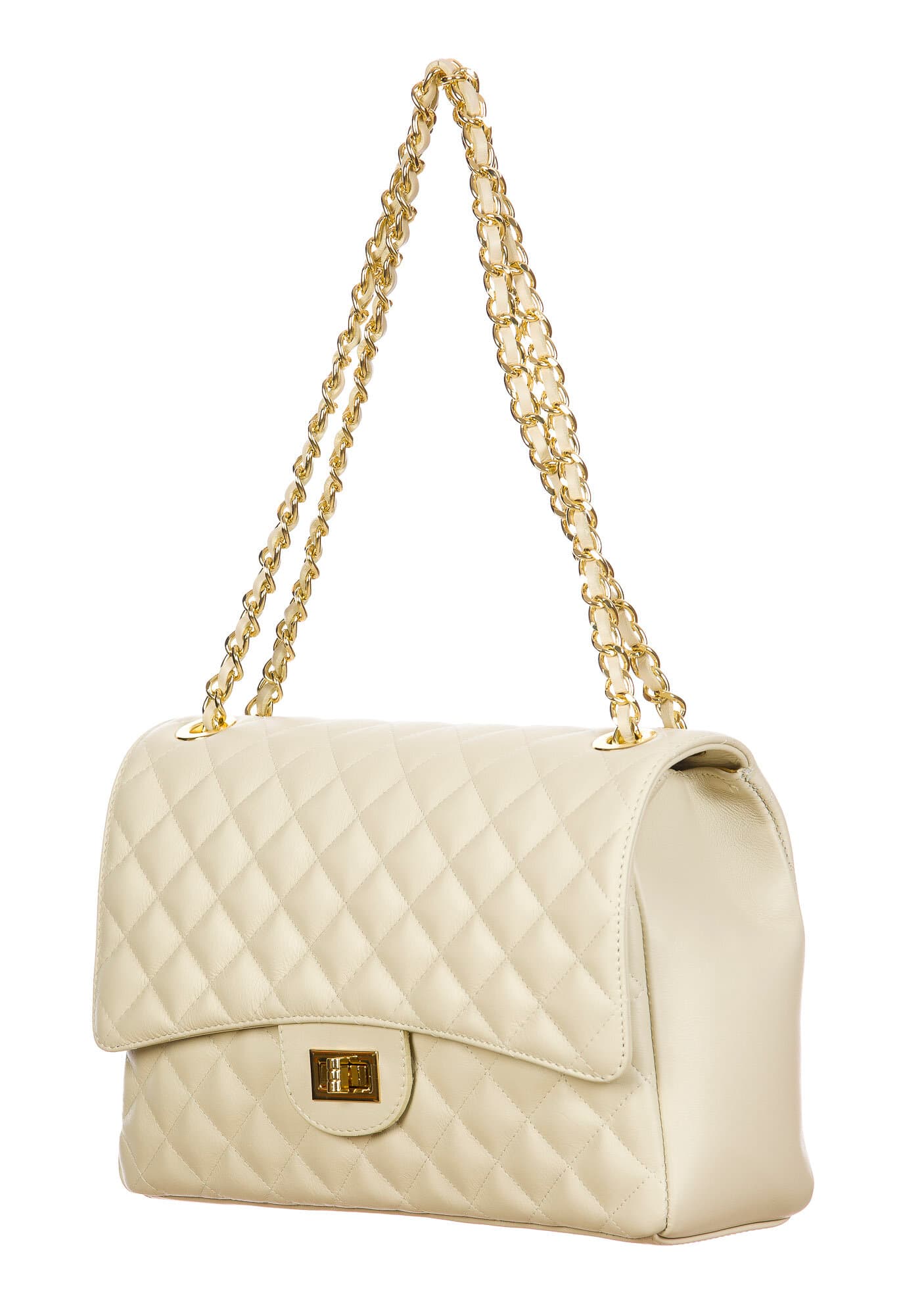 Borsa a spalla da donna in vera pelle CHARLOTTE MAXI, colore BEIGE, CHIAROSCURO, Made in Italy