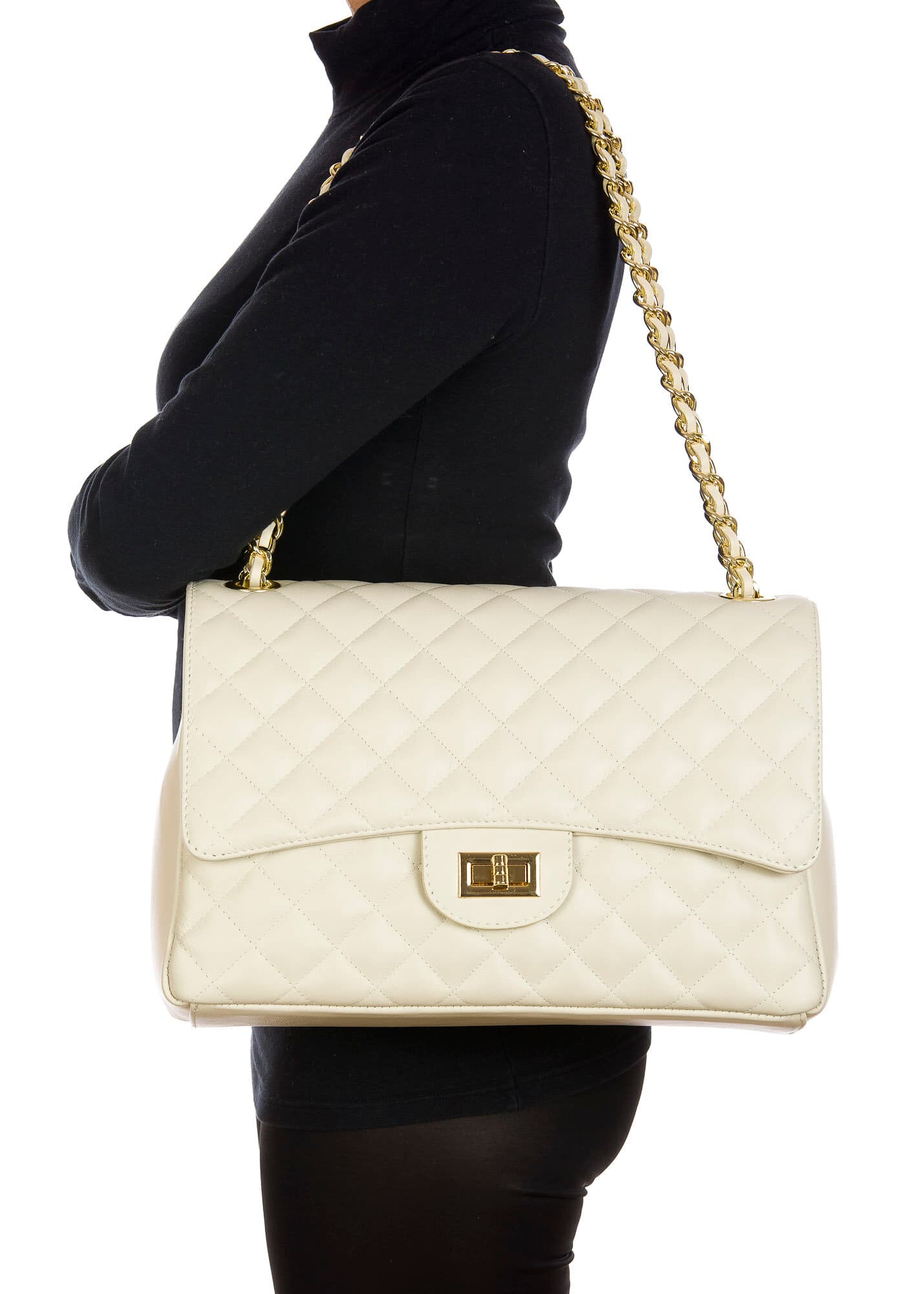 Borsa a spalla da donna in vera pelle CHARLOTTE MAXI, colore BEIGE, CHIAROSCURO, Made in Italy