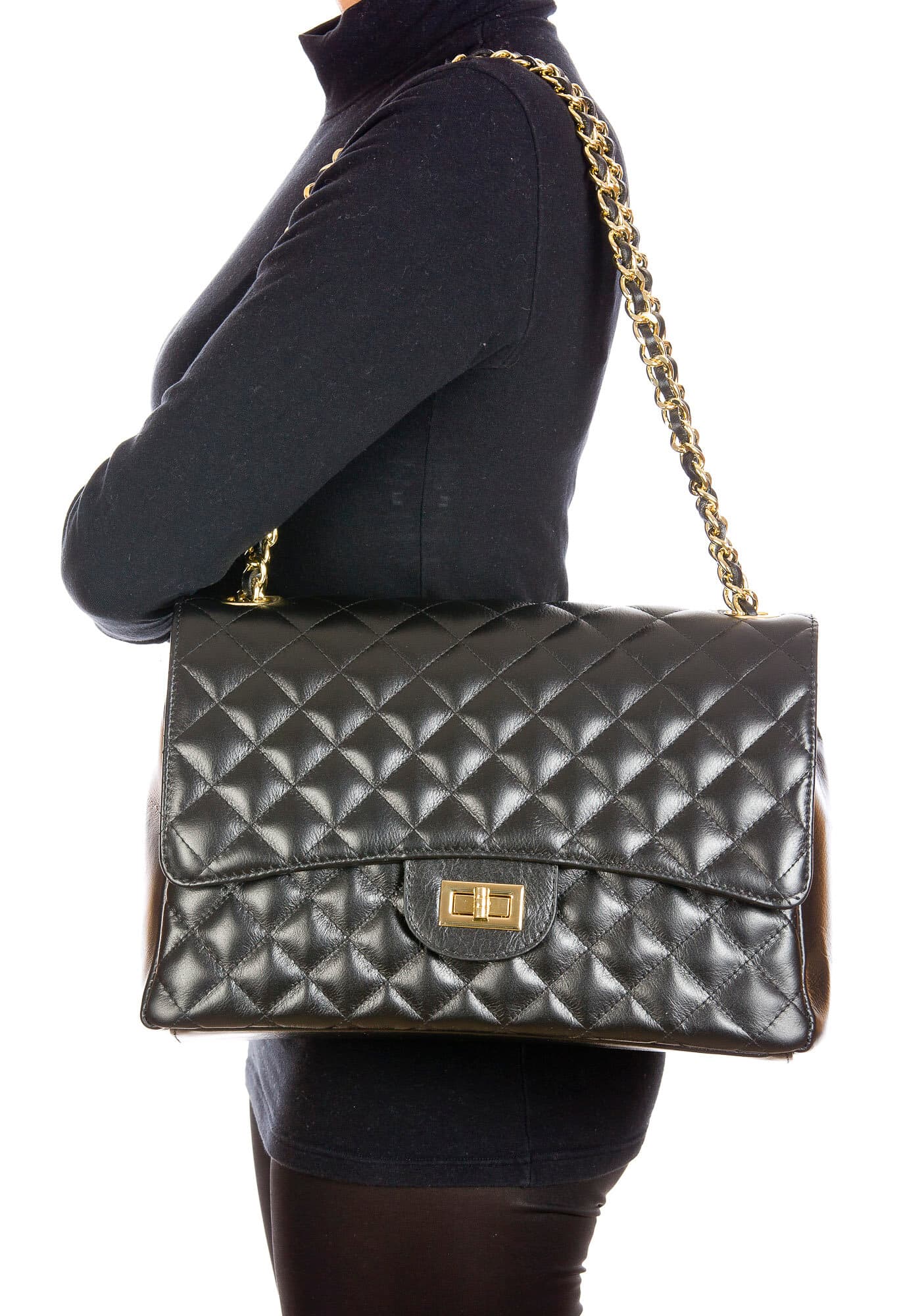 Borsa a spalla da donna in vera pelle CHARLOTTE MAXI, colore NERO, CHIAROSCURO, Made in Italy