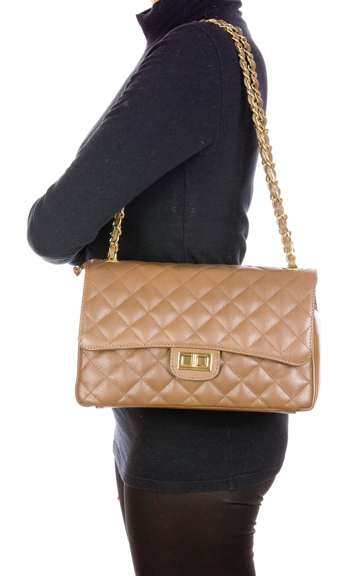Borsa a spalla da donna in vera pelle CHARLOTTE MEDIUM, colore BEIGE, CHIAROSCURO, MADE IN ITALY 