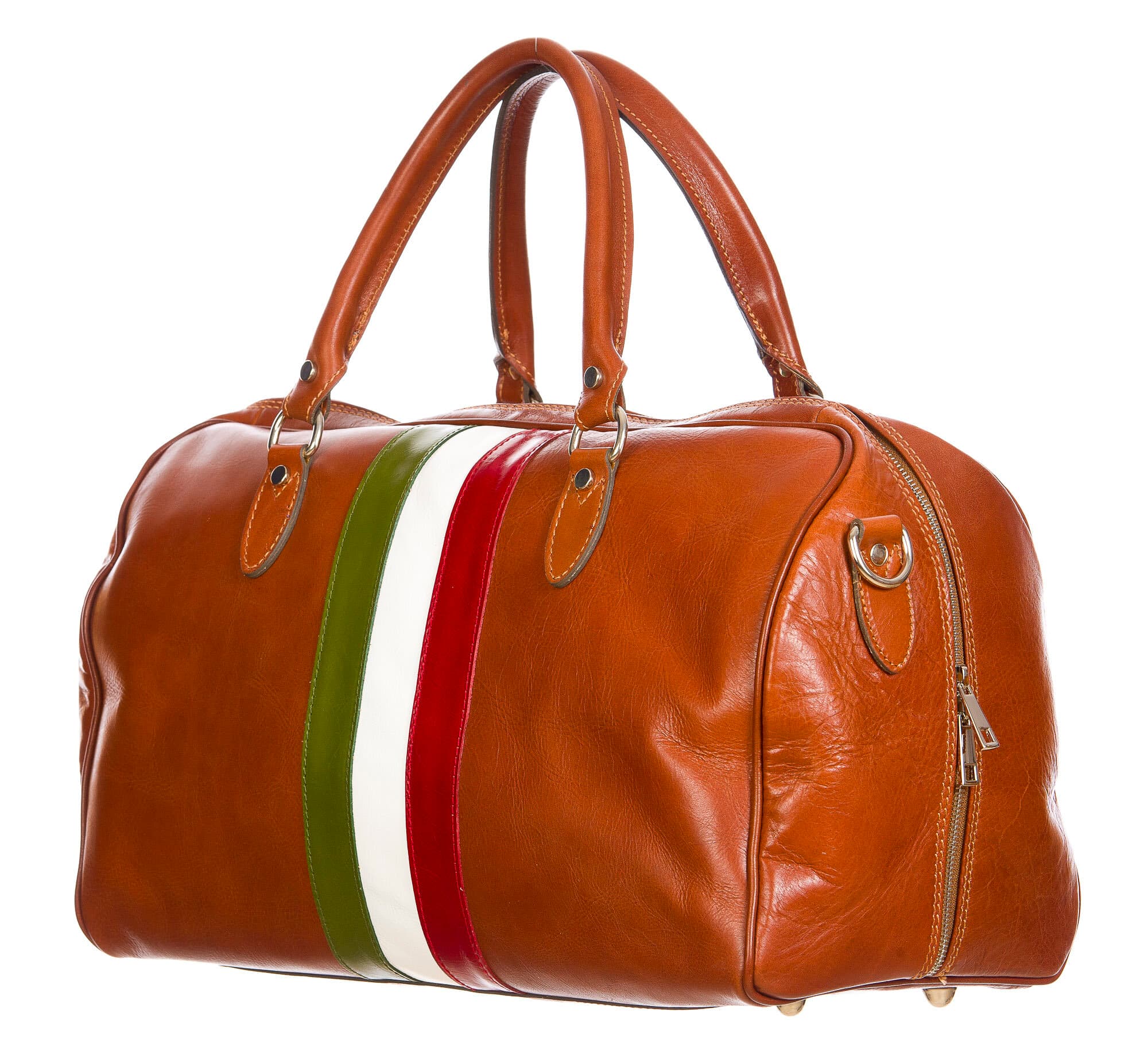 Borsone da viaggio in vero cuoio COMO MAXI, colore MIELE, TRICOLORE BANDIERA ITALIANA, CHIAROSCURO, Made in Italy