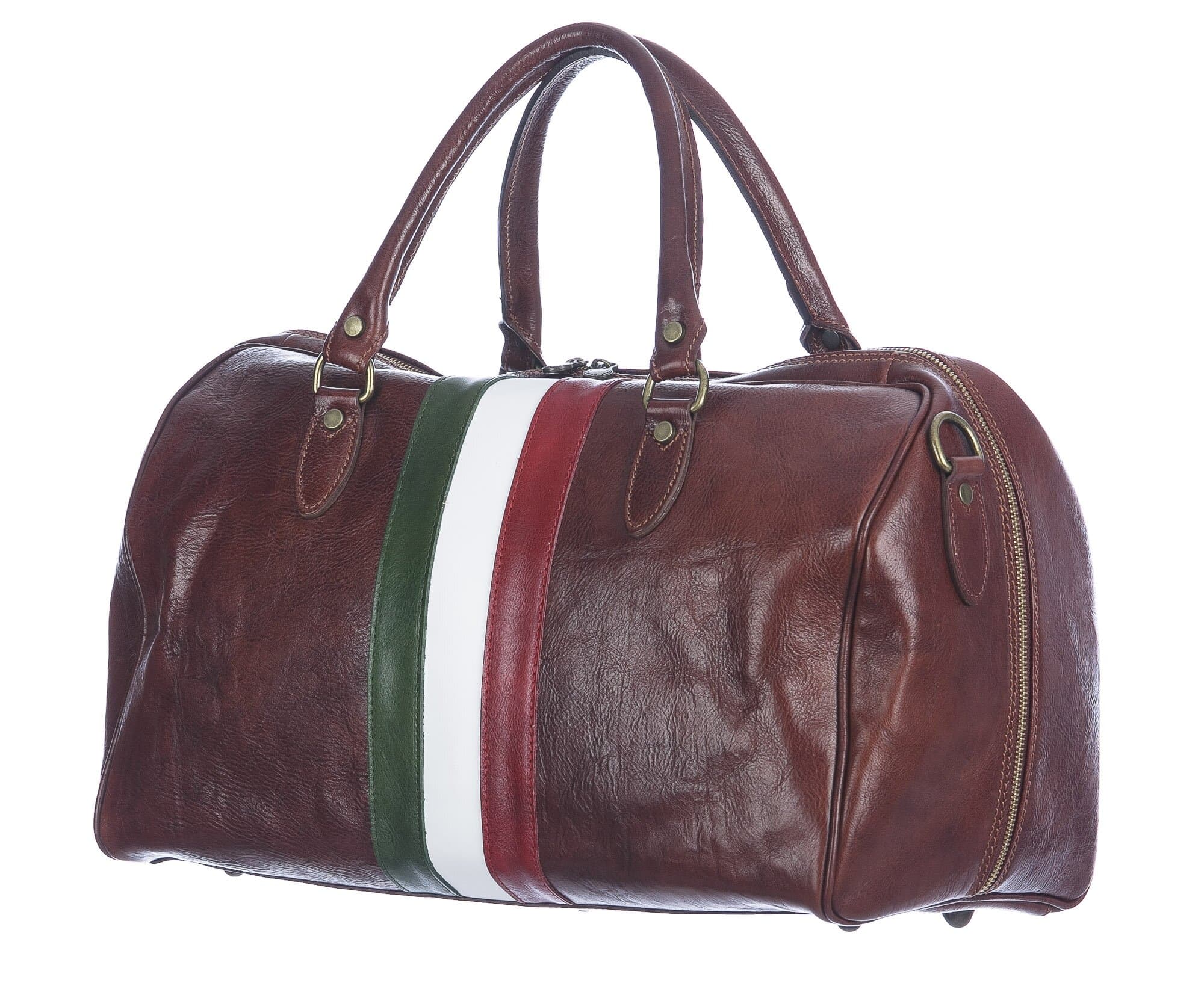 Borsone da viaggio in vero cuoio COMO MAXI, colore TESTA DI MORO, TRICOLORE BANDIERA ITALIANA, CHIAROSCURO, Made in Italy