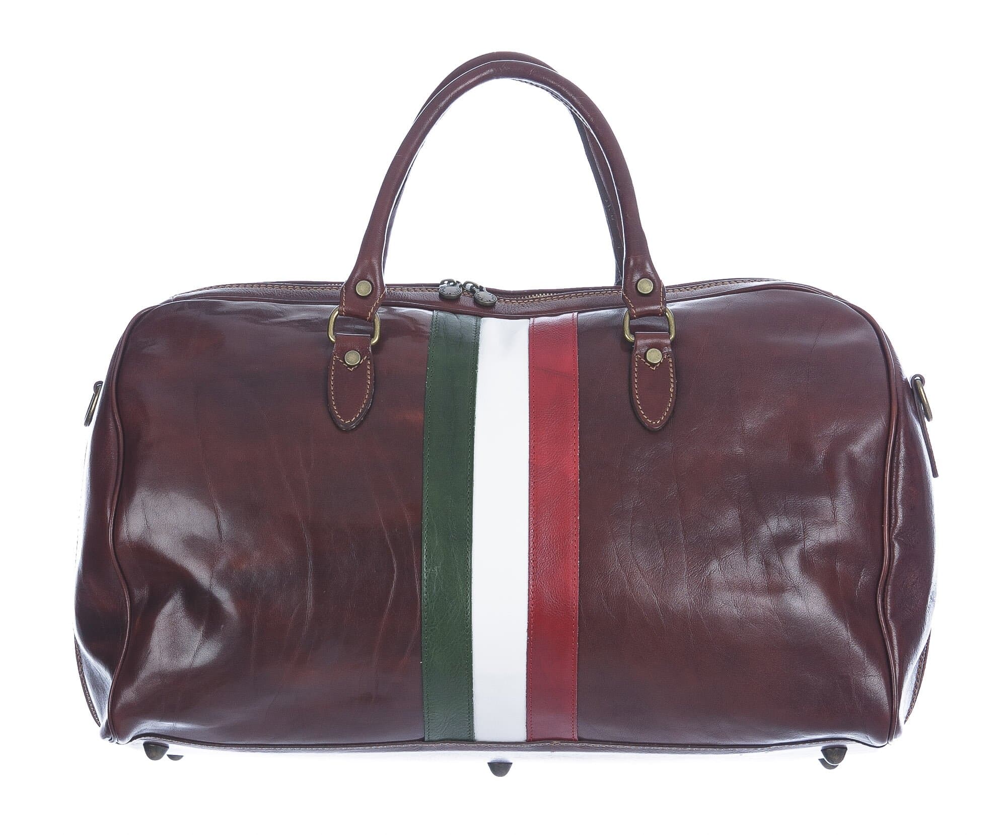 Borsone da viaggio in vero cuoio con tricolore italiano COMO MEDIO, colore TESTA DI MORO, CHIAROSCURO, Made in Italy
