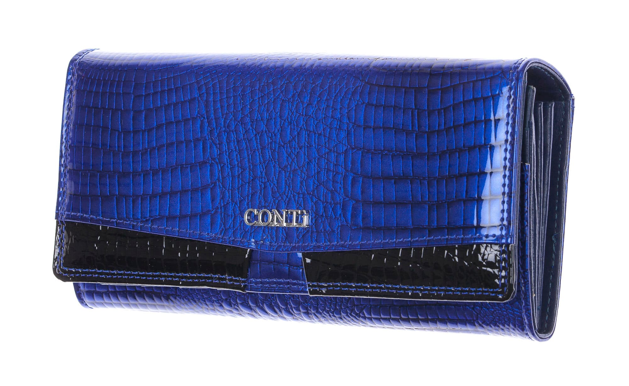 DAFNE : portafoglio donna in pelle laccata, colore : BLU / NERO, Made in Italy