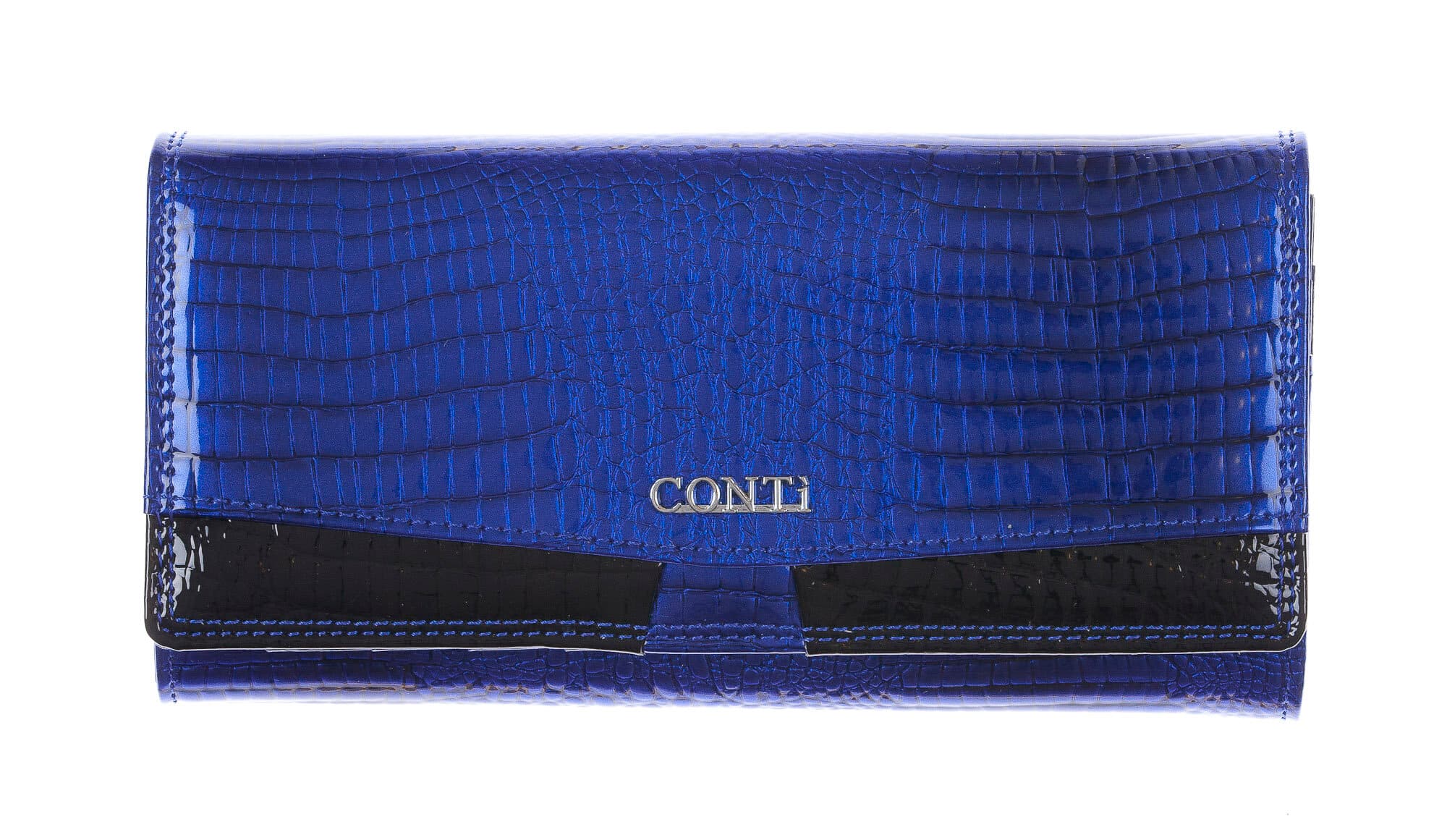 DAFNE : portafoglio donna in pelle laccata, colore : BLU / NERO, Made in Italy