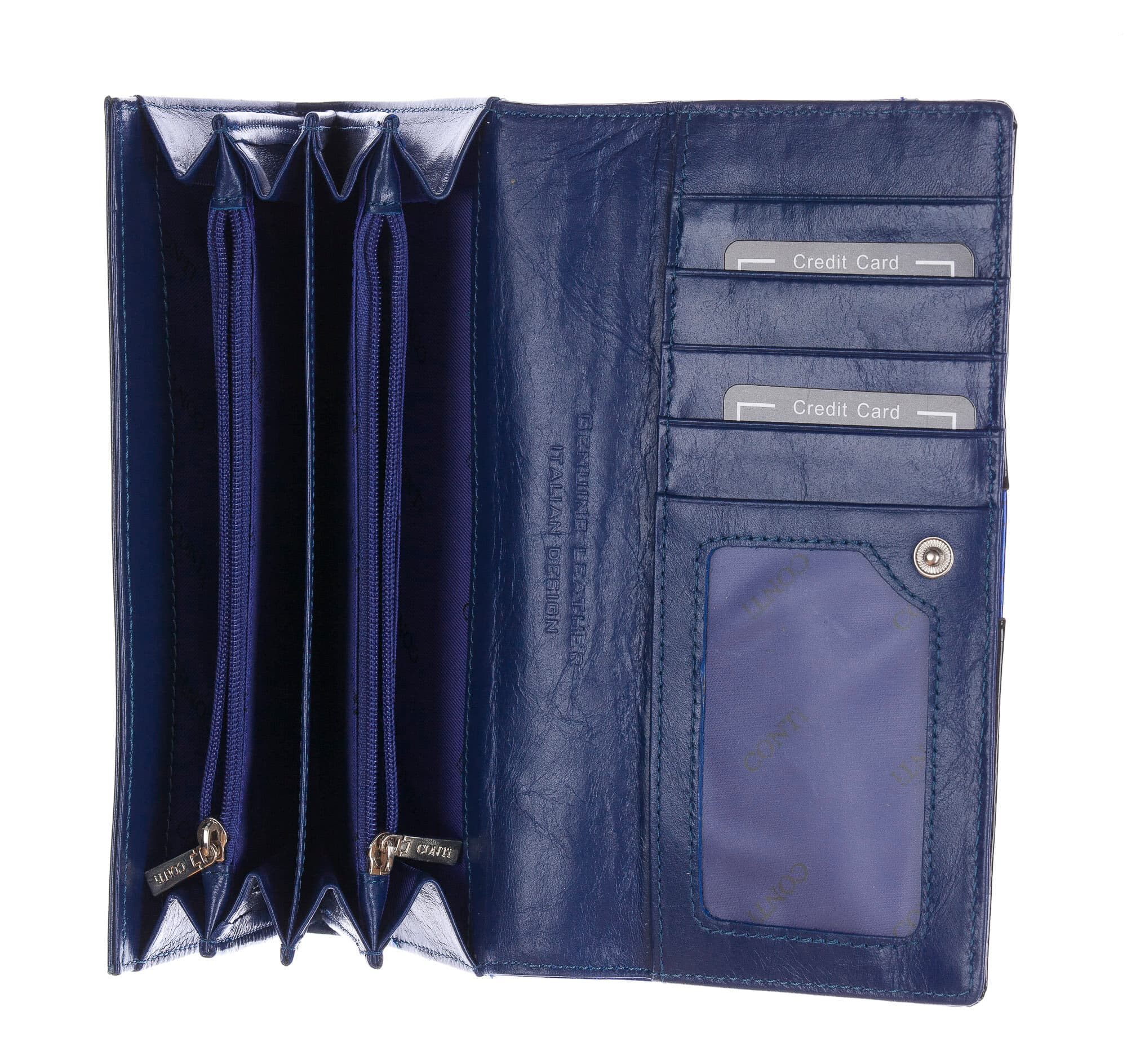 DAFNE : portafoglio donna in pelle laccata, colore : BLU / NERO, Made in Italy