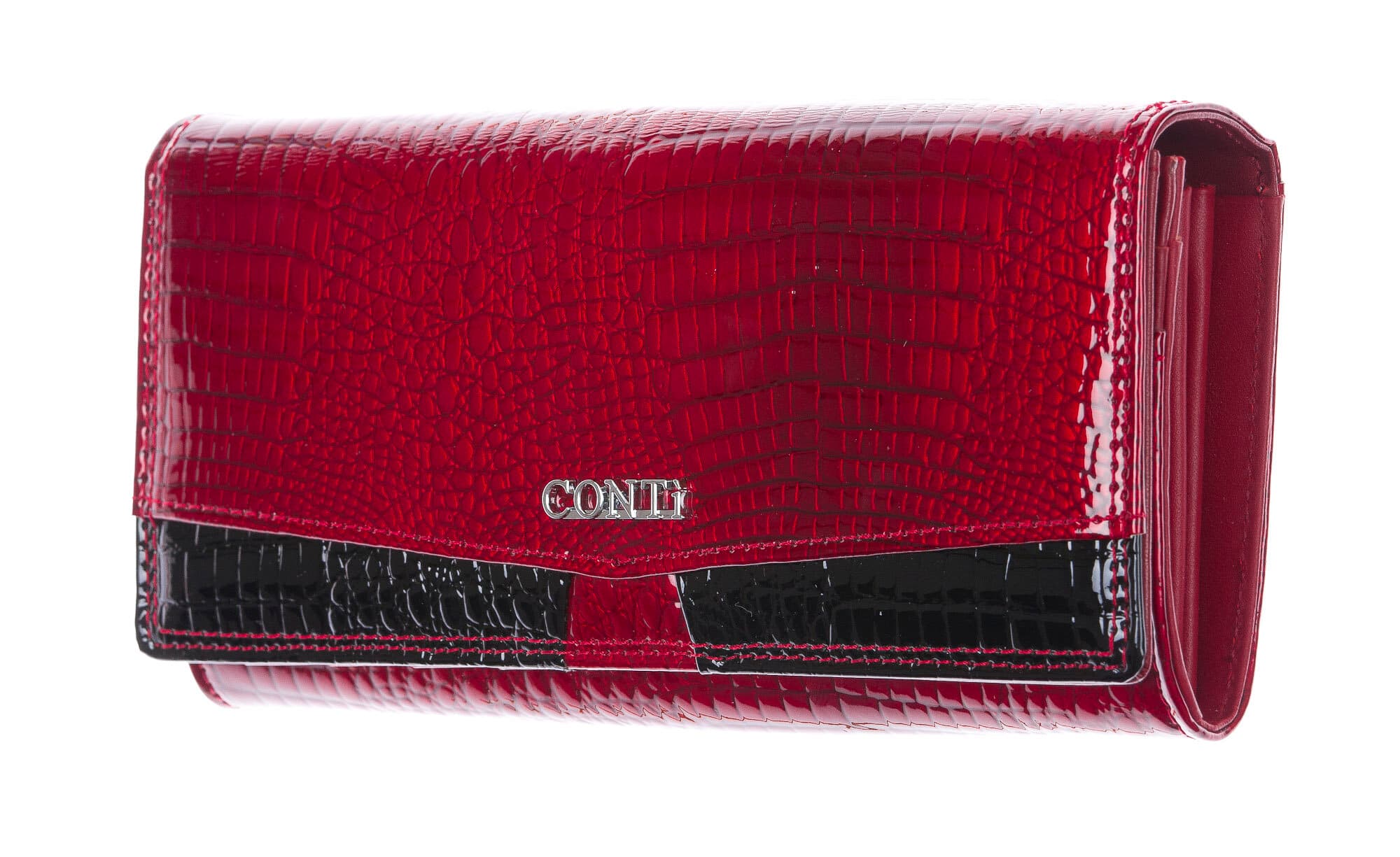 DAFNE : portafoglio donna in pelle laccata, colore : ROSSO / NERO, Made in Italy