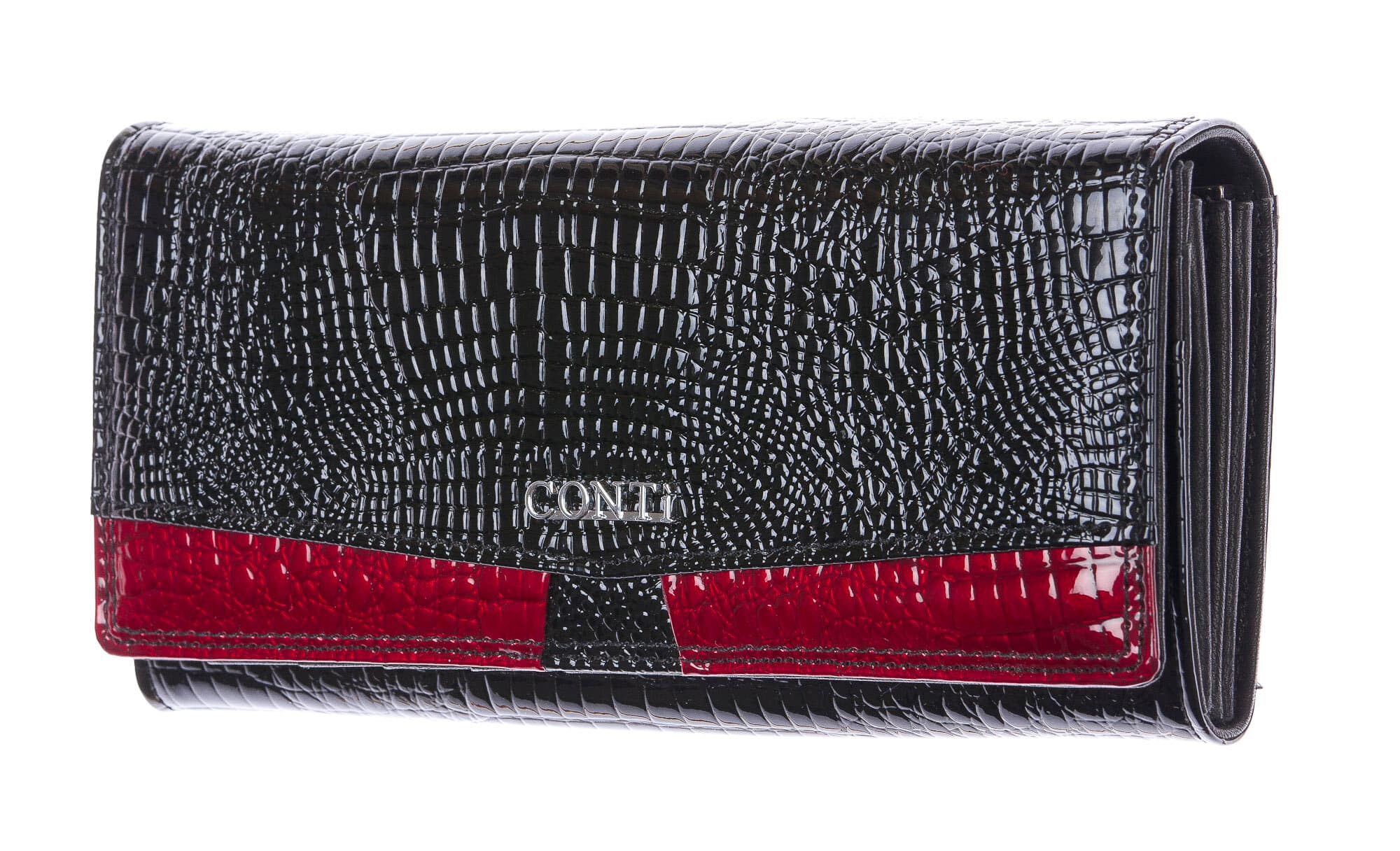 DAFNE : portafoglio donna in pelle laccata, colore: NERO / ROSSO, Made in Italy