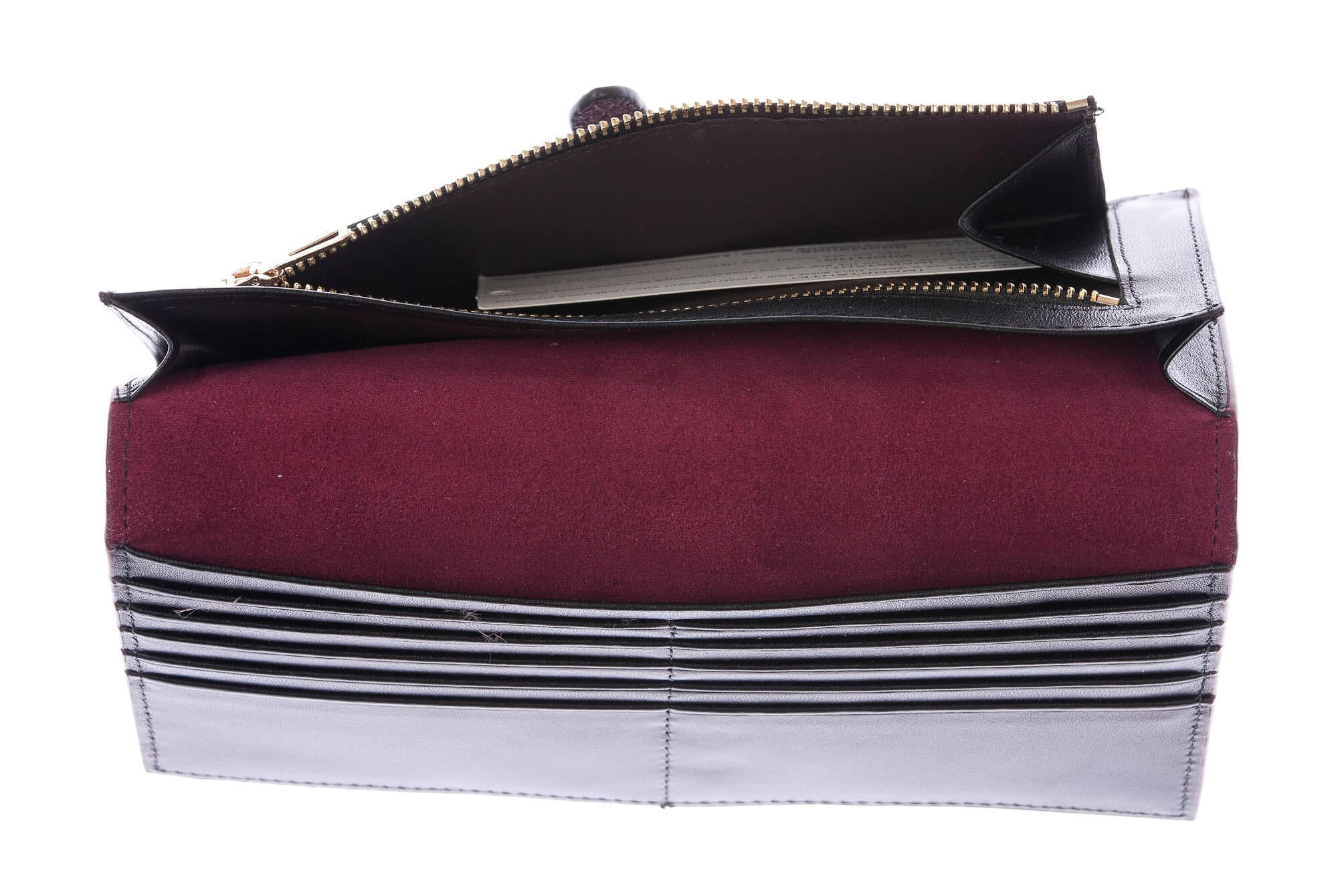 ABELIA : portafoglio donna, pelle morbida, super sottile, colore: PRUGNA / NERO, Made in Italy (Portafoglio